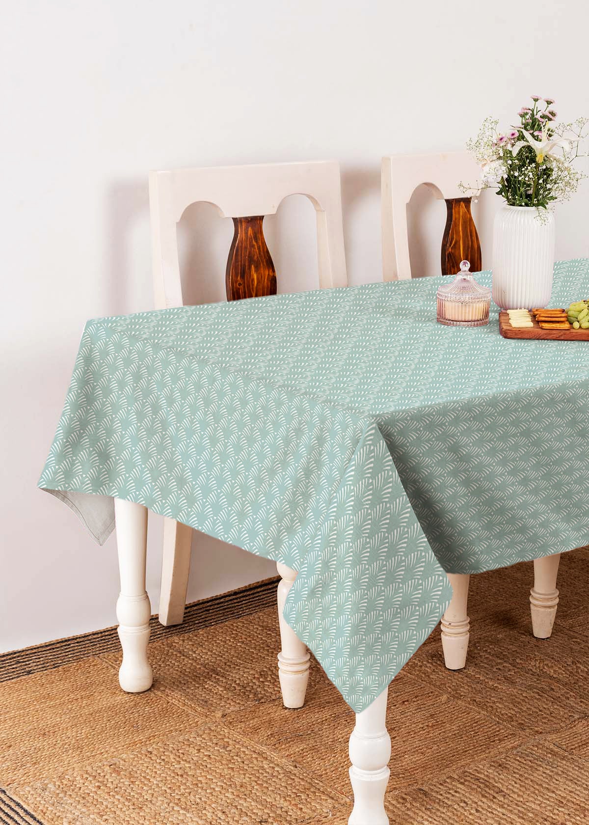 Pergola Printed 100% cotton geometric table cloth for 4 seater or 6 seater dining - Nile Blue