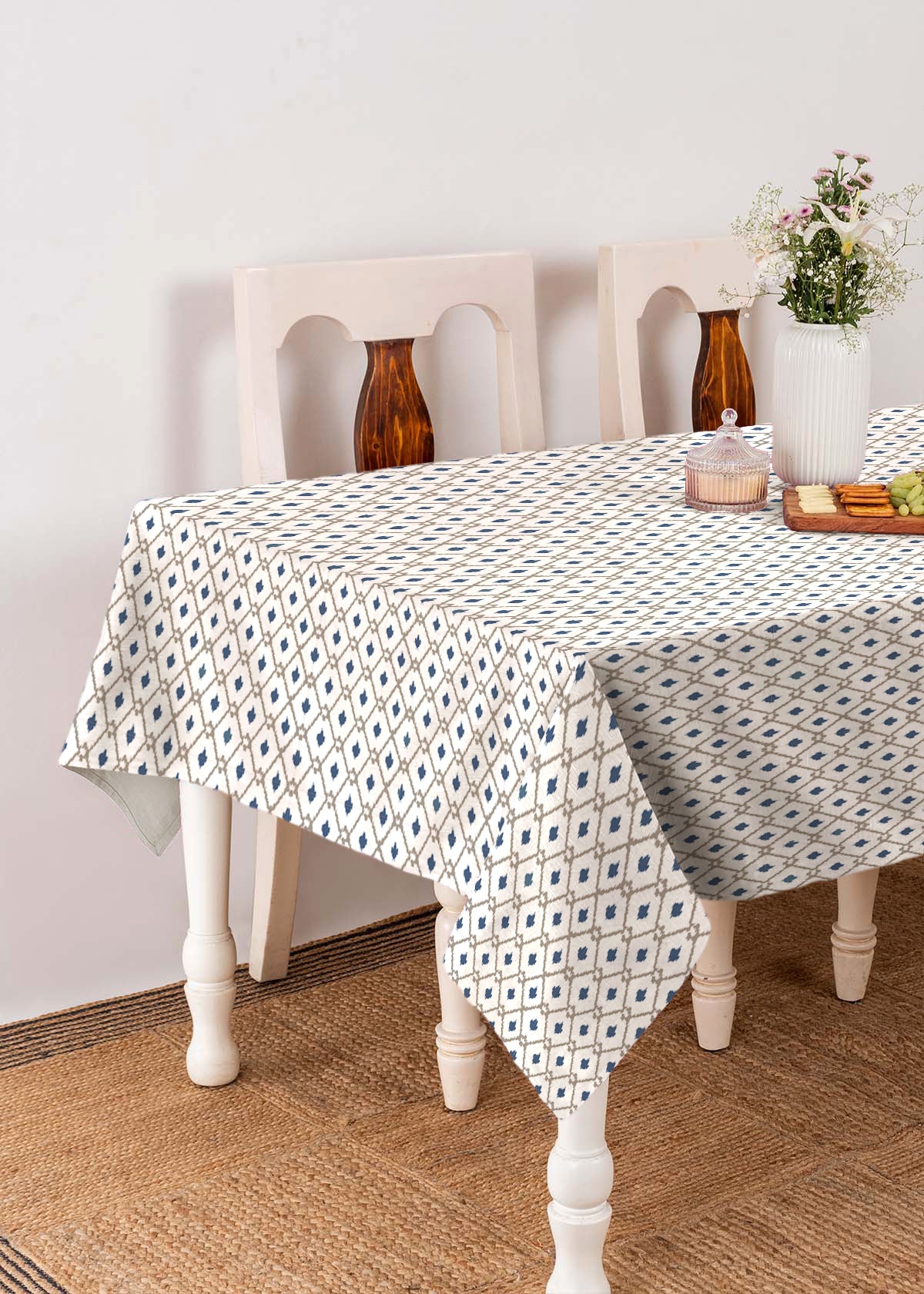 Diamond Yard geometric prints Cotton Table Cloth for 4 seater, 6 seater, 8 seater dining table - White - Blue