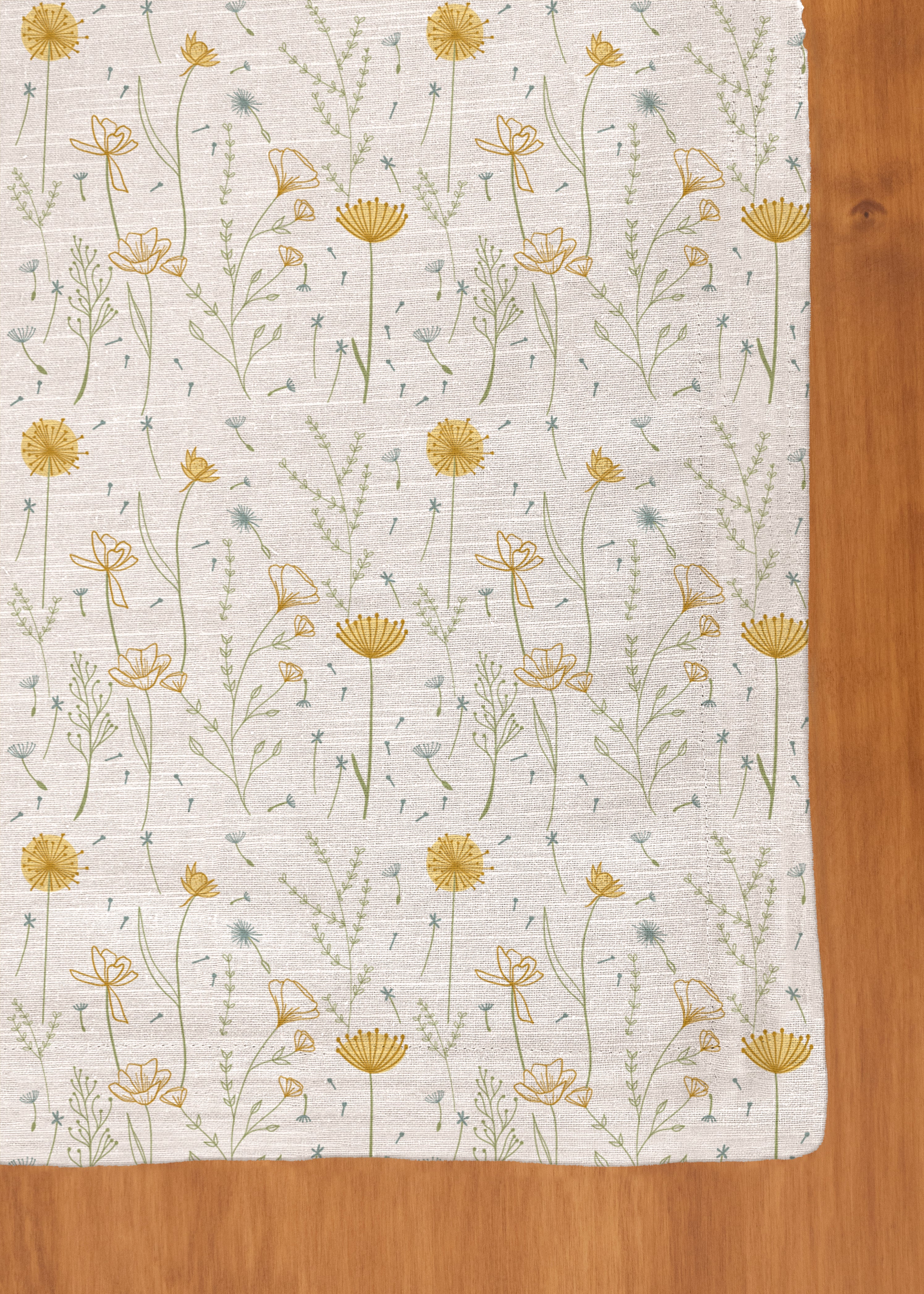 Drifting Dandelion 100% cotton floral table cloth for 4 seater or 6 seater dining - Yellow