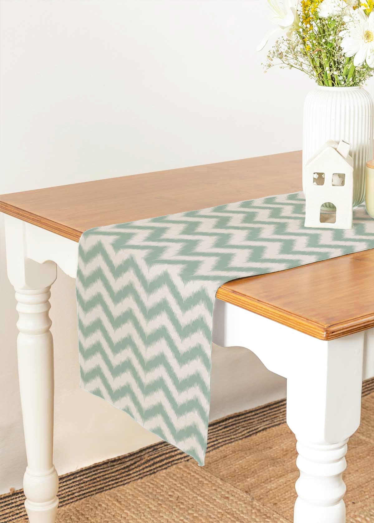 Ikat 100% cotton geometric table runner for 4 seater or 6 seater dining - Nile blue