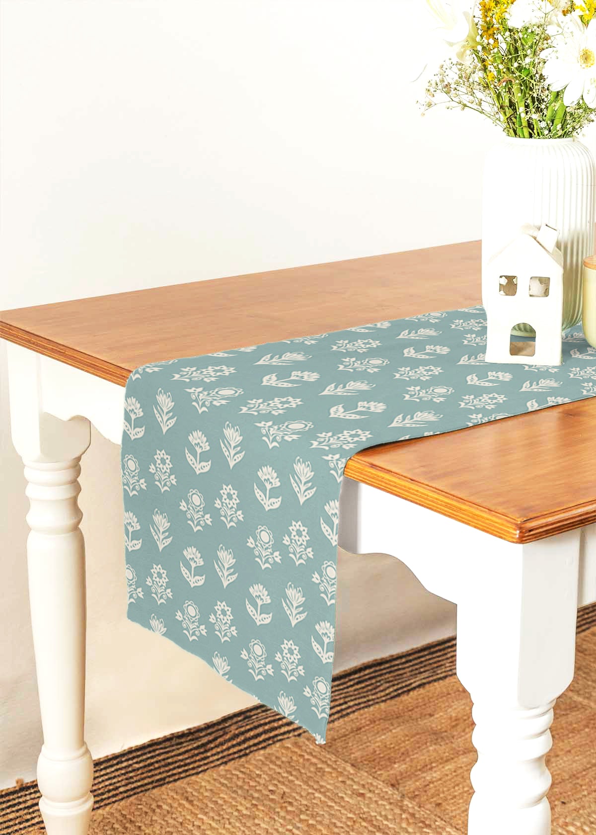 Dahlia 100% cotton floral table runner for 4 seater or 6 seater Dining with tassels - Nile blue