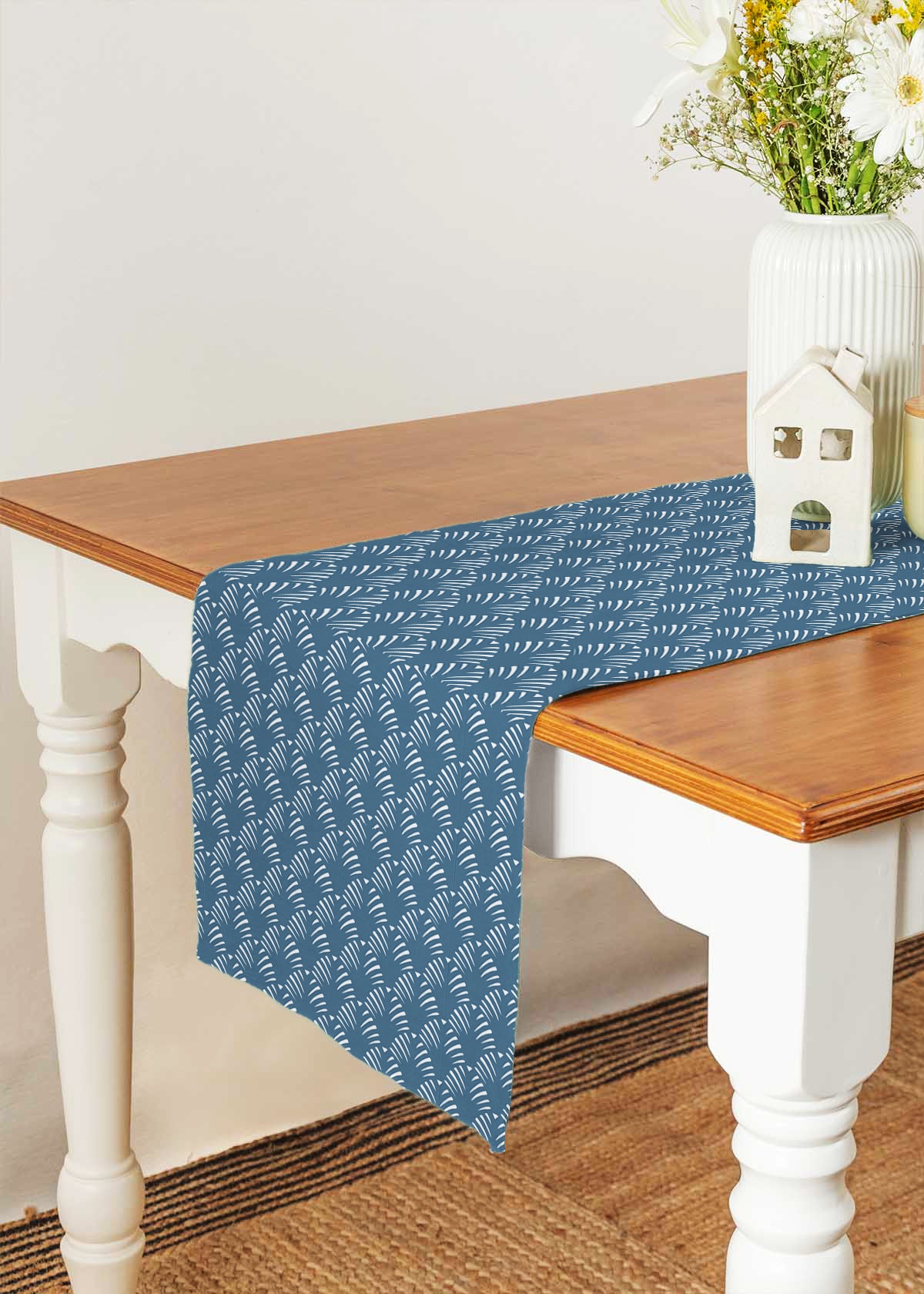 Pergola 100% cotton geometric table runner for 4 seater or 6 seater dining - Indigo