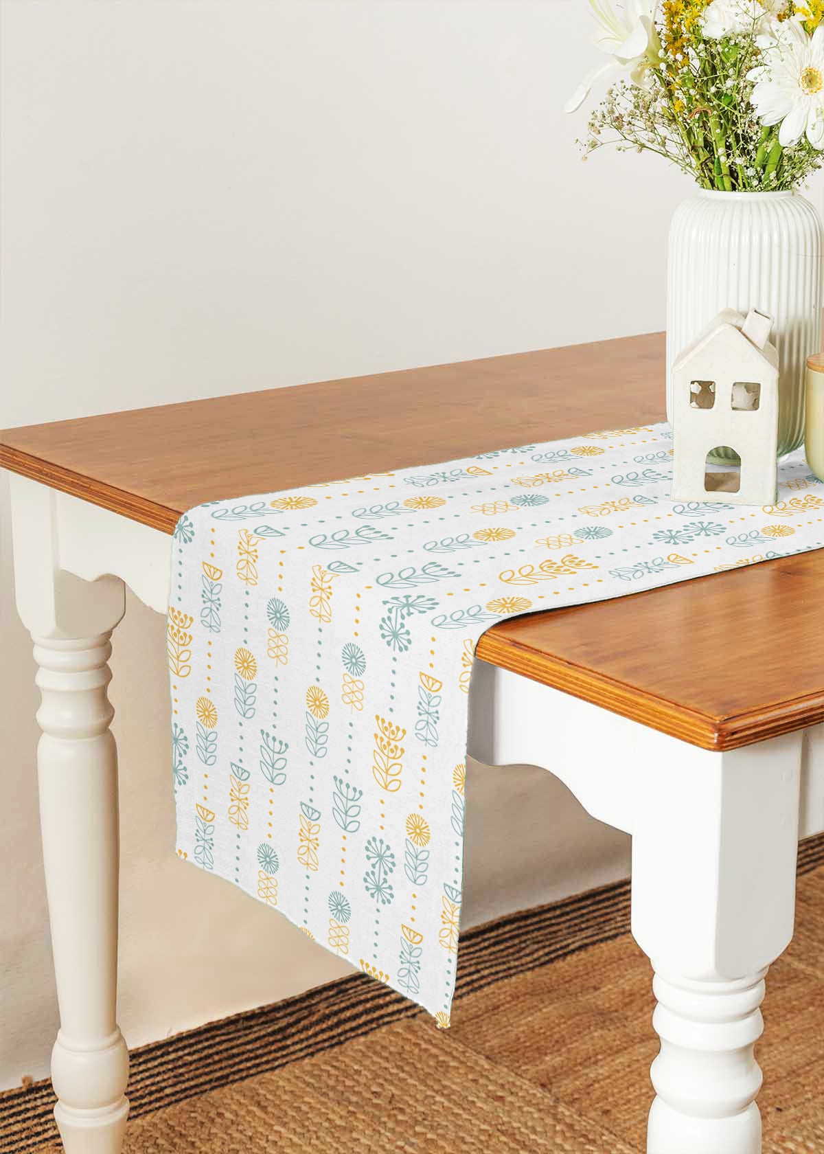 Wild Bouquet 100% cotton floral table runner for 4 seater or 6 seater Dining with tassels - Corn Yellow