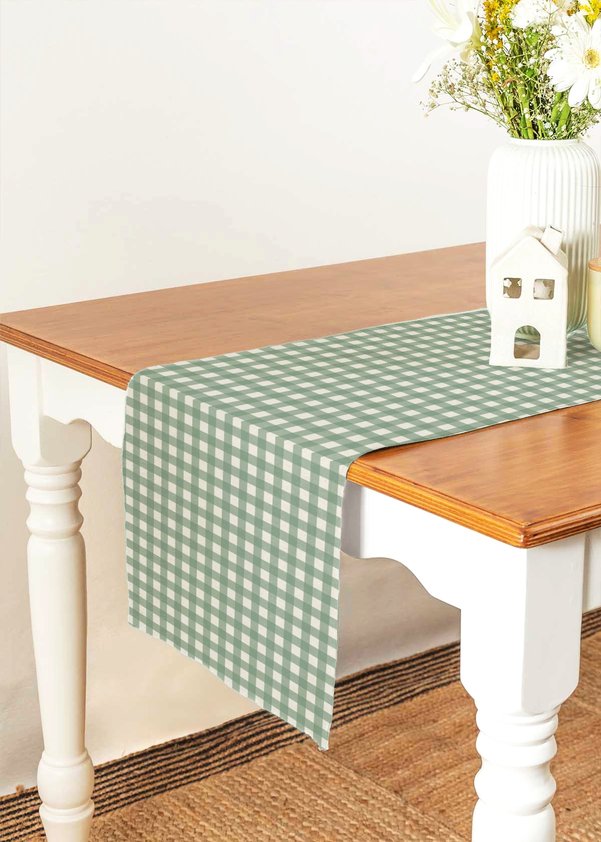 Gingham sage green 100% cotton geometric table runner for 4 seater or 6 seater dining - Green