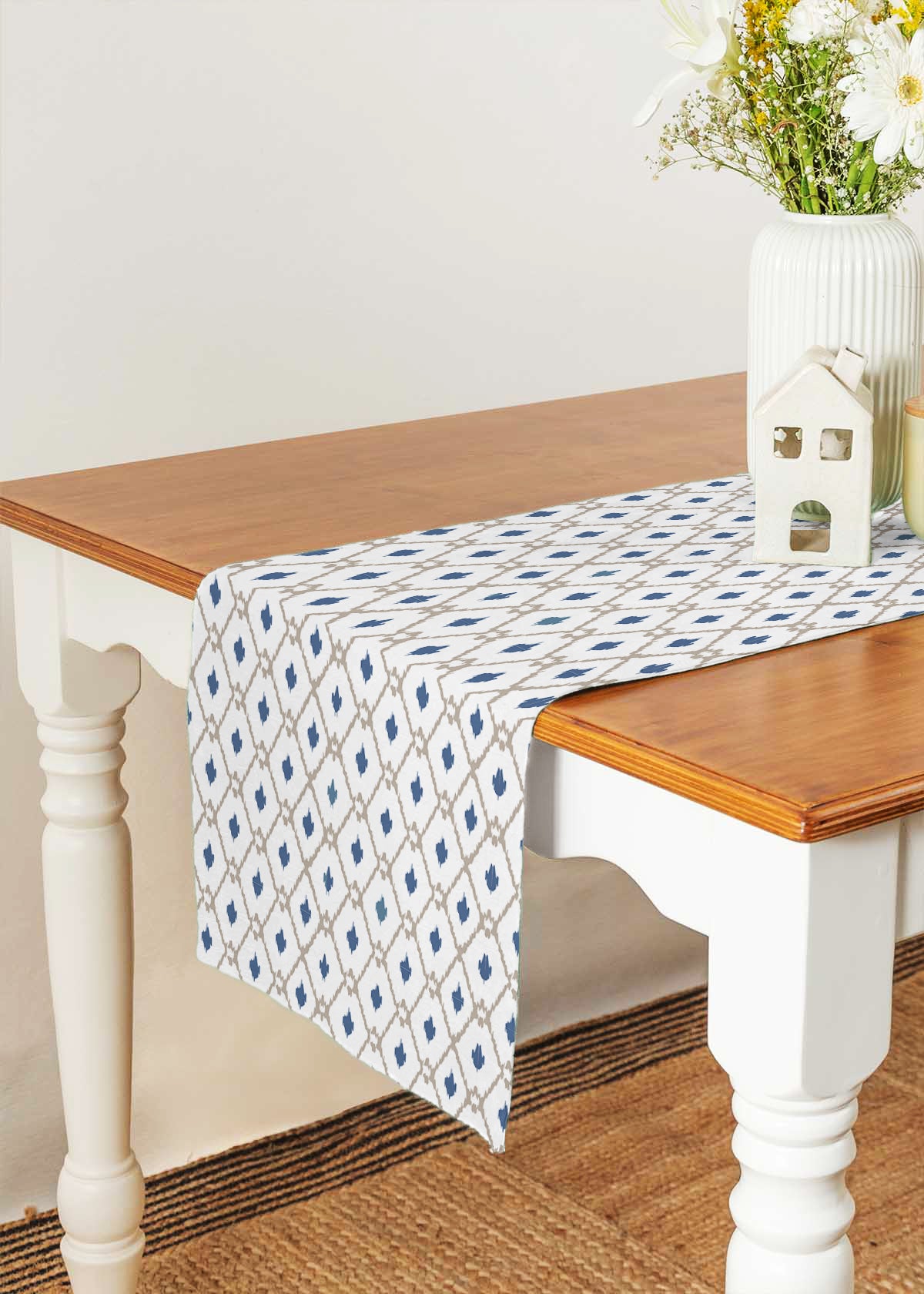 Diamond Yard Printed Cotton Table Runner - White Blue