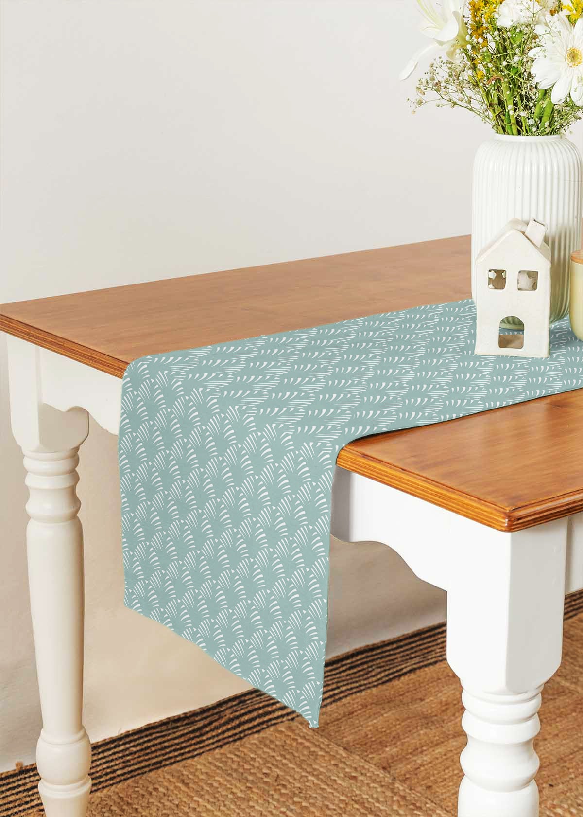 Pergola 100% cotton geometric table runner for 4 seater or 6 seater dining - Nile blue