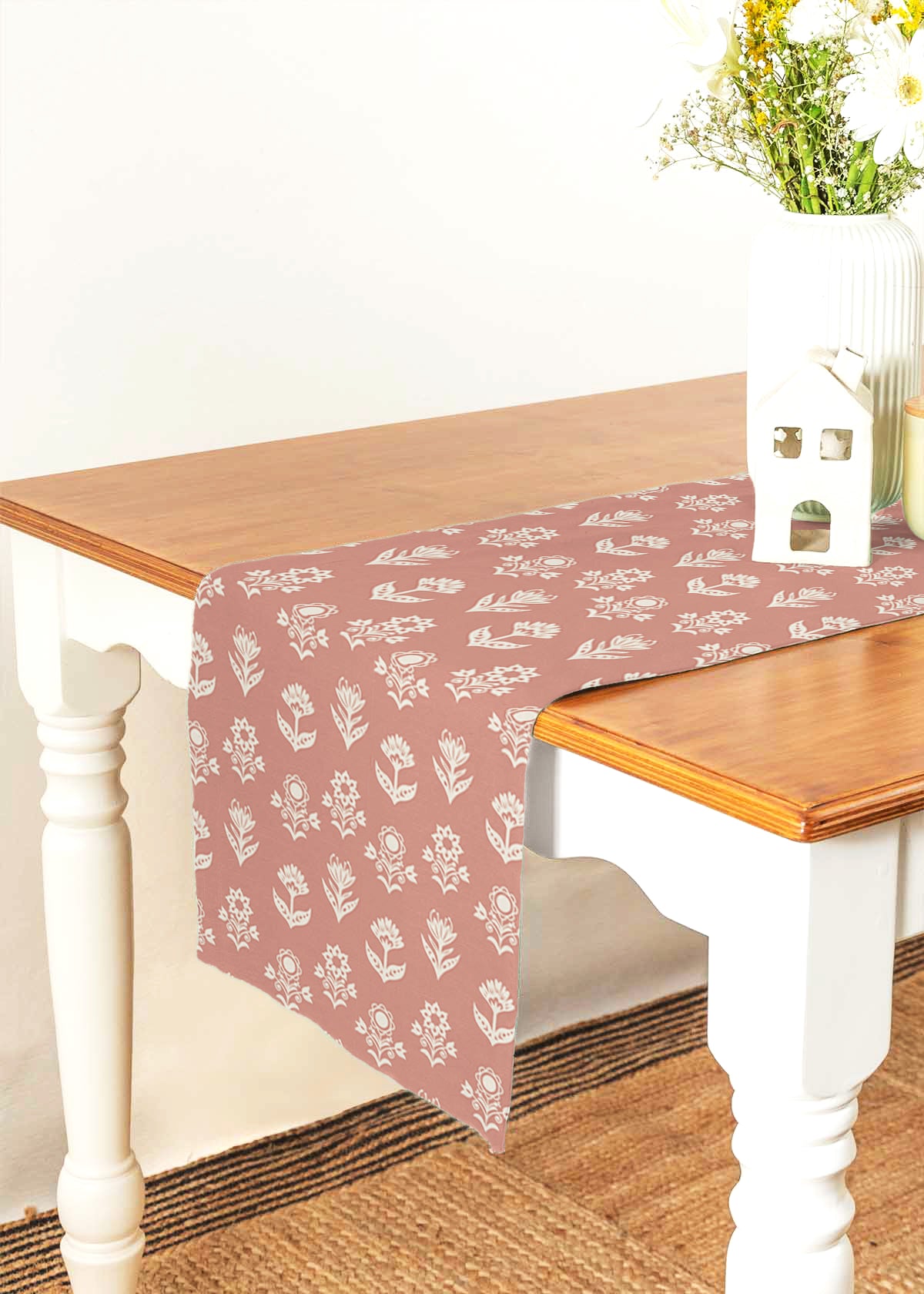 Dahlia 100% cotton floral table runner for 4 seater or 6 seater Dining with tassels - Rust