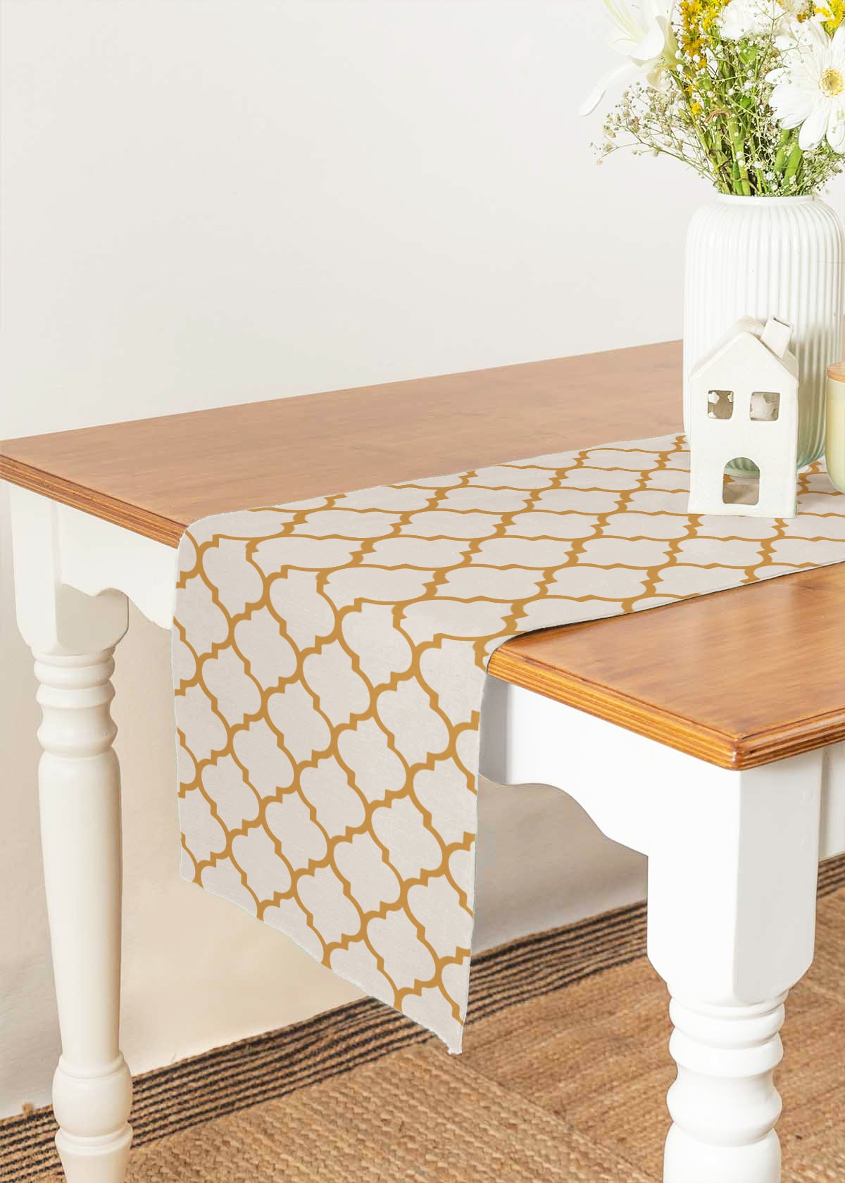 Trellis Mustard 100% cotton geometric table runner for 4 seater or 6 seater dining - Mustard