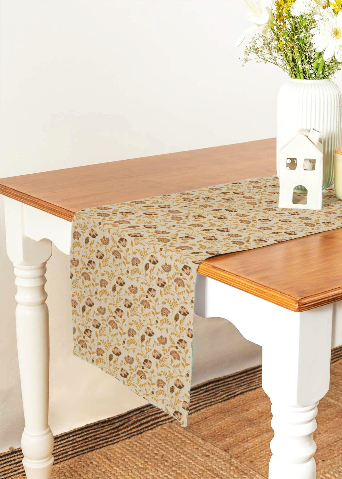 Calico 100% cotton ethnic table runner for 4 seater or 6 seater Dining with tassels - Beige