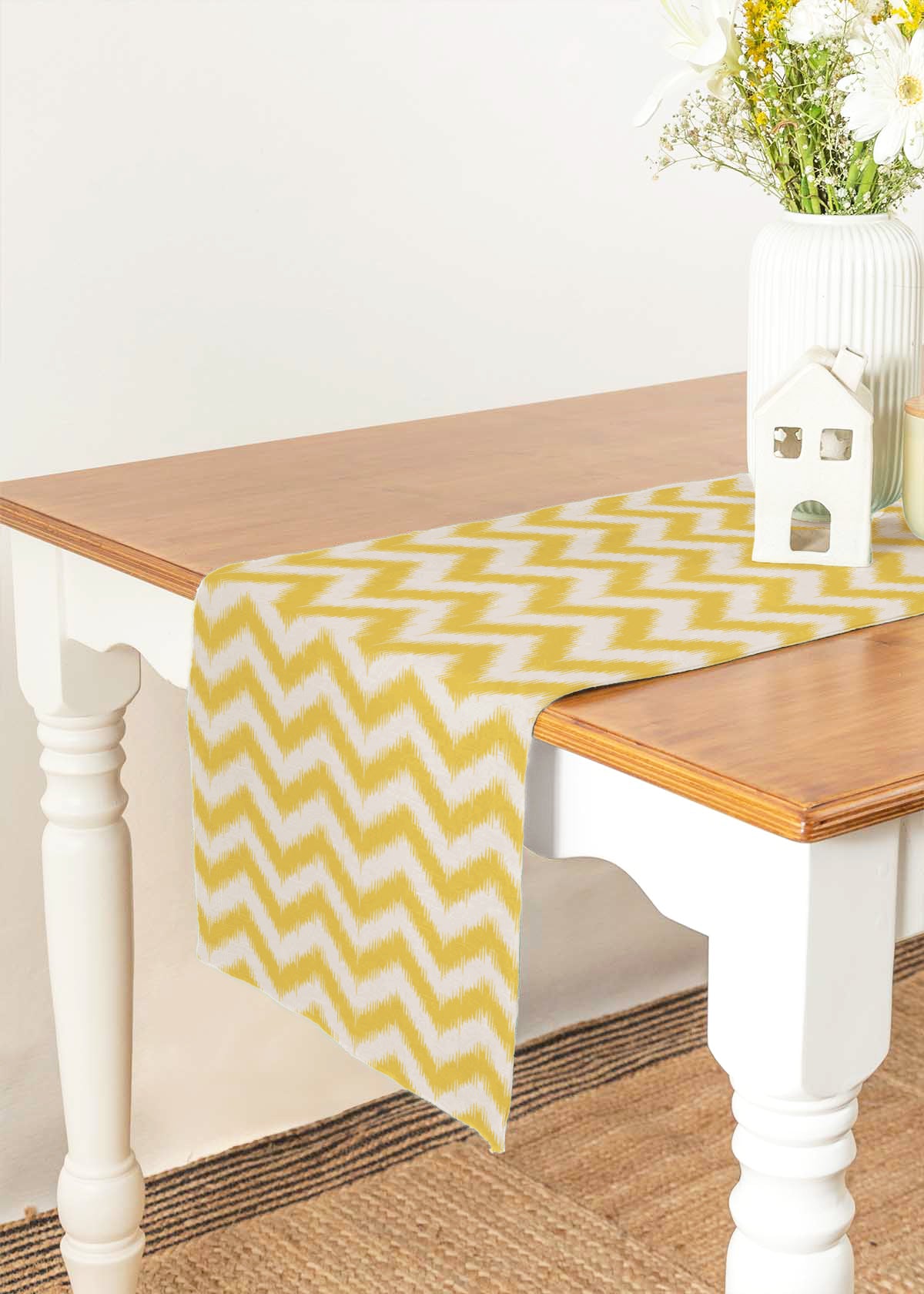 Ikat Chevron Printed Cotton Table Runner - Yellow