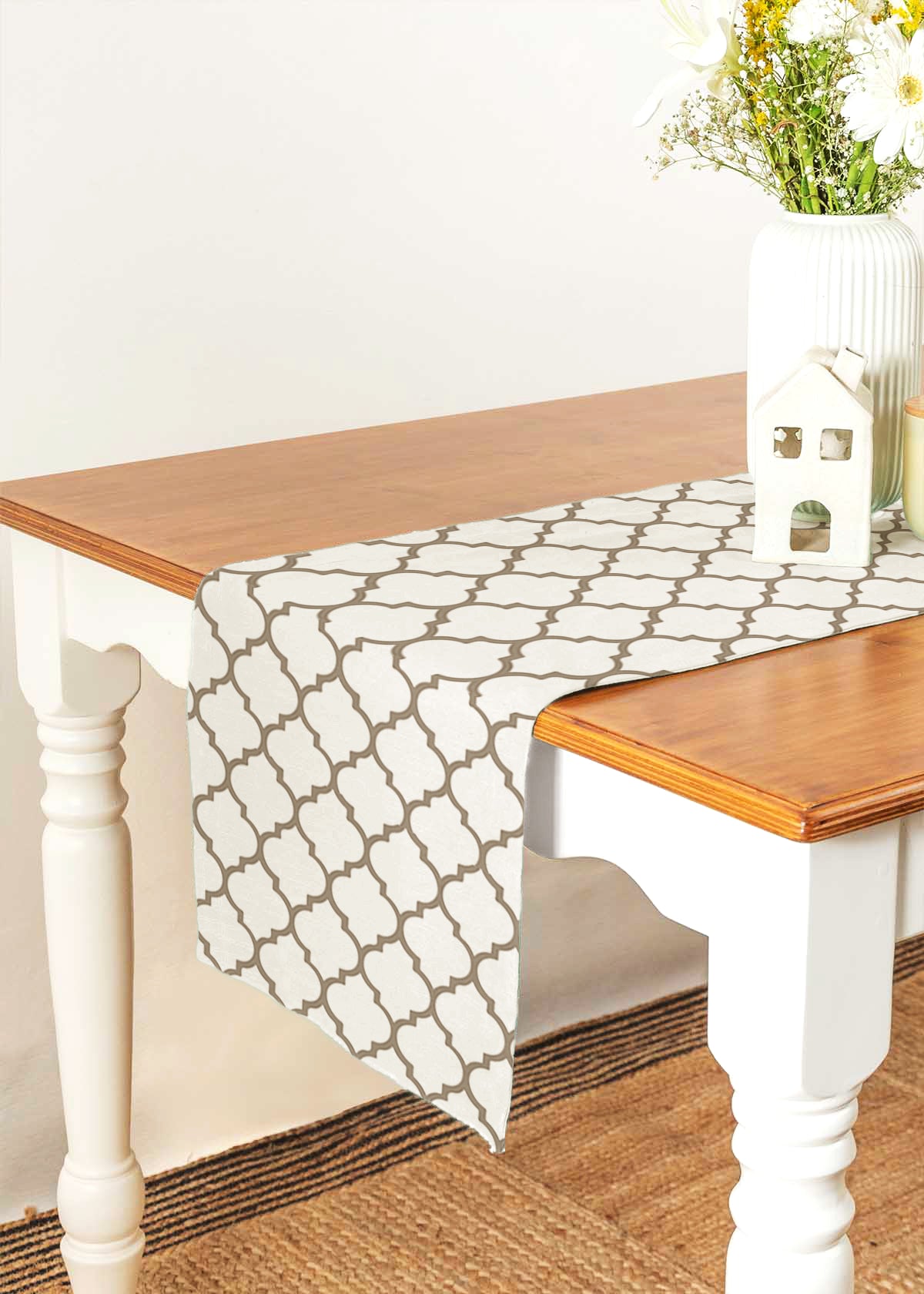 Trellis Walnut Grey 100% cotton geometric table runner for 4 seater or 6 seater dining - Walnut Grey