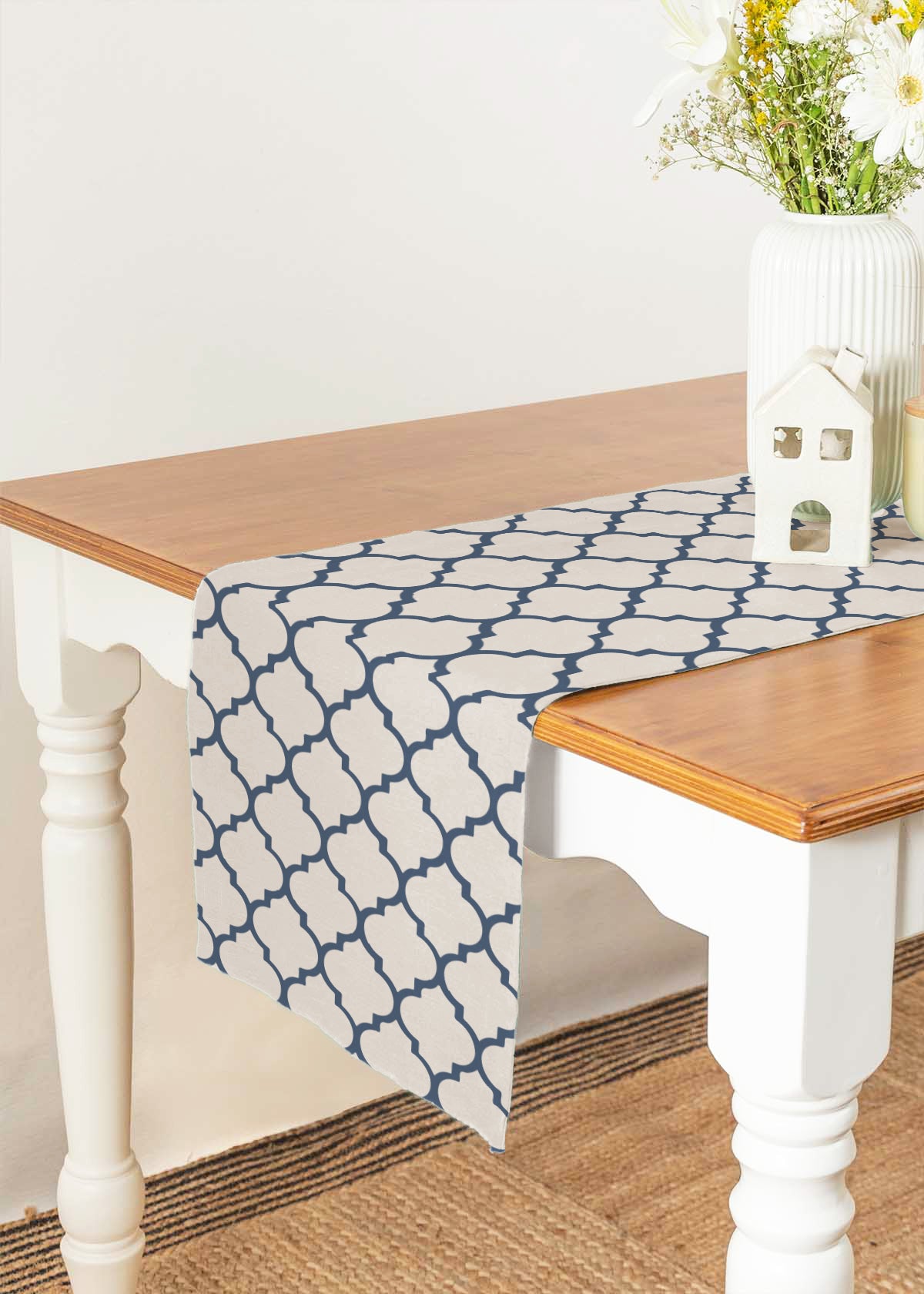 Trellis Royal Blue 100% cotton geometric table runner for 4 seater or 6 seater dining - Royal blue