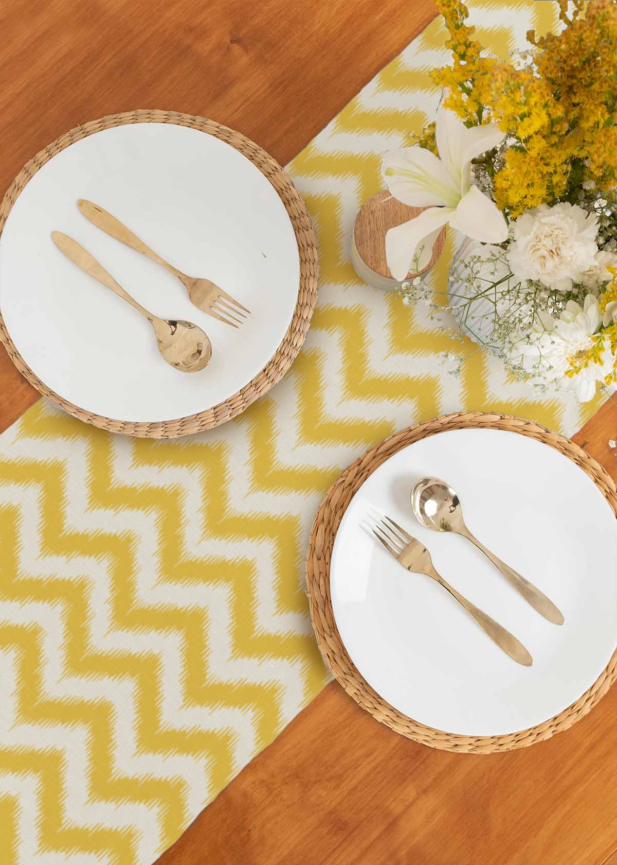 Ikat Chevron Printed Cotton Table Runner - Yellow