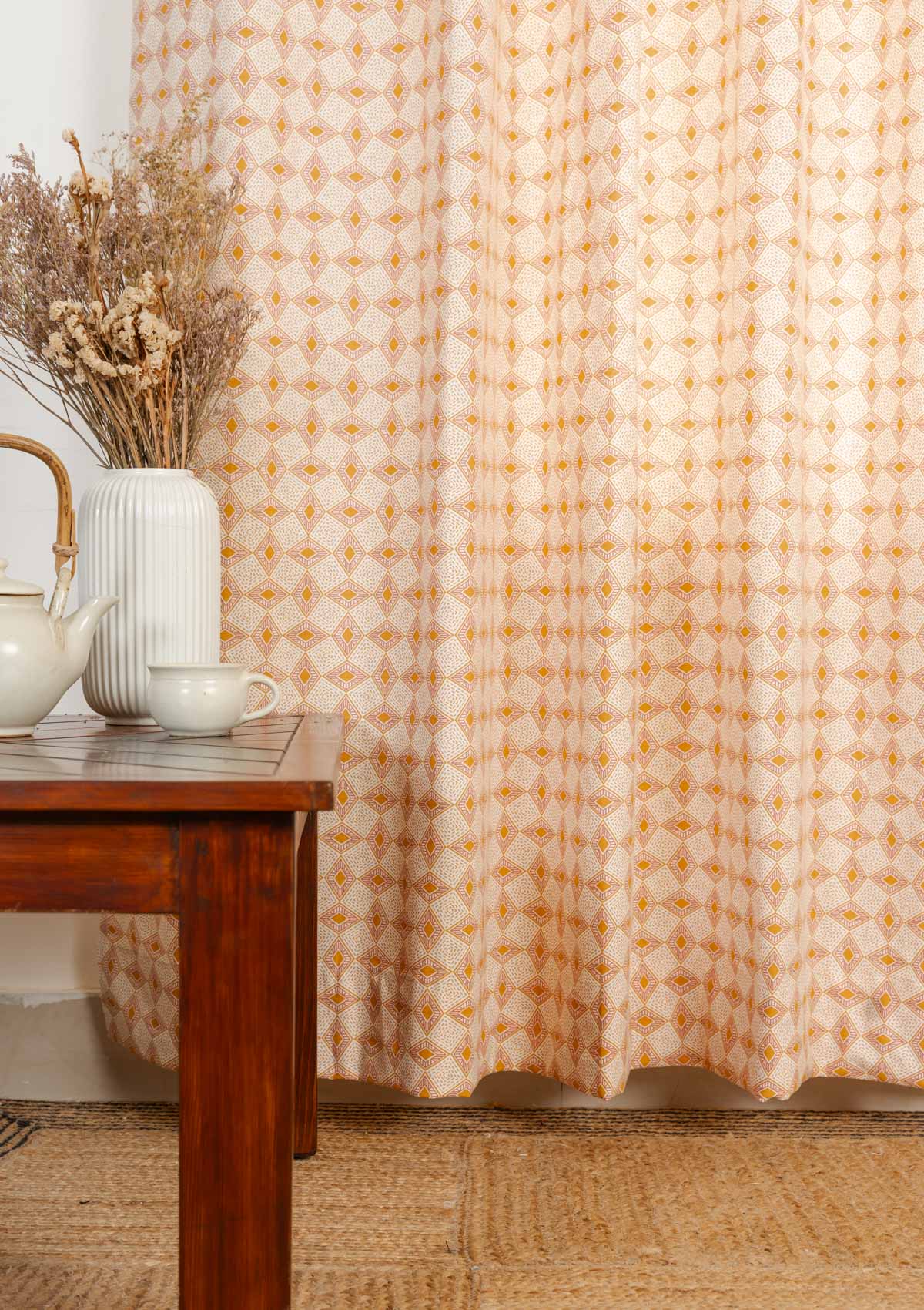 Terrazo geometric printed 100% cotton curtain for living room - Room darkening - Mustard - Single panel