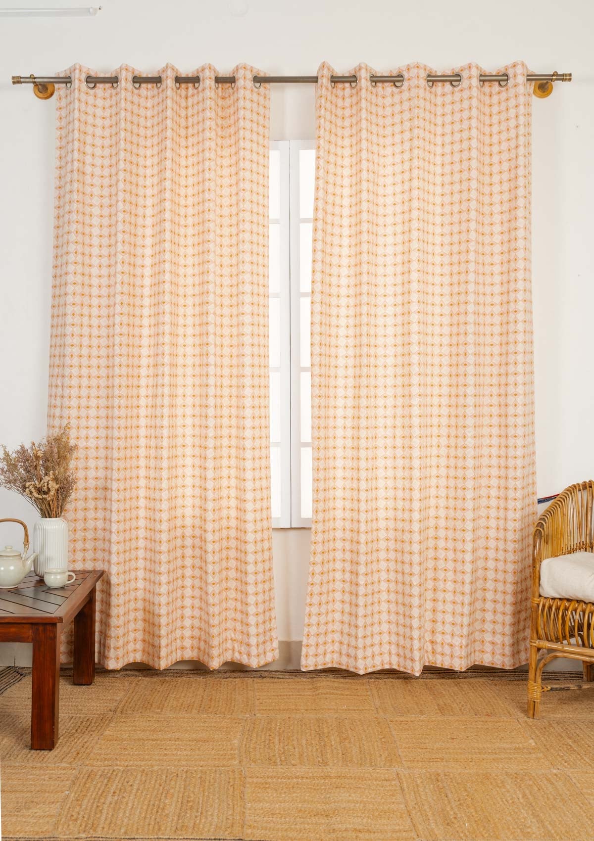 Terrazo 100% cotton geometric curtain for living room - Room darkening - Mustard - Pack of 1