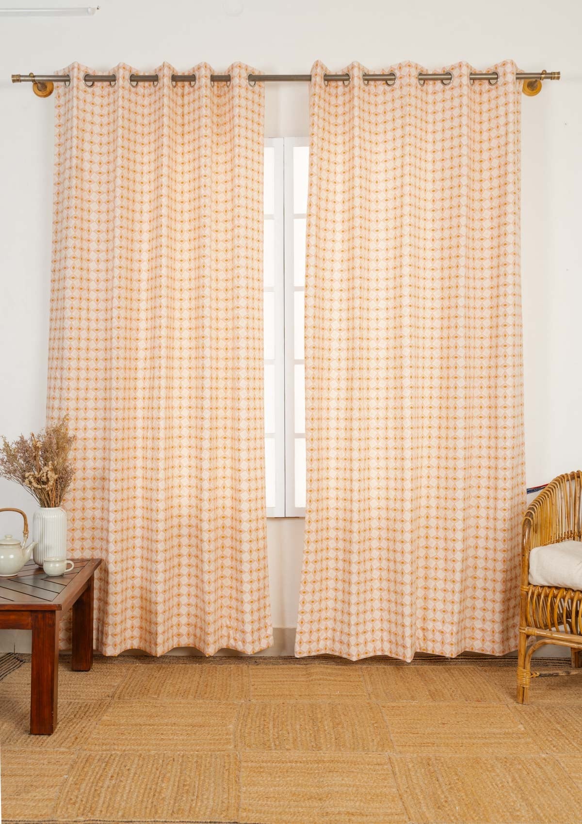 Terrazo geometric printed 100% cotton curtain for living room - Room darkening - Mustard - Single panel