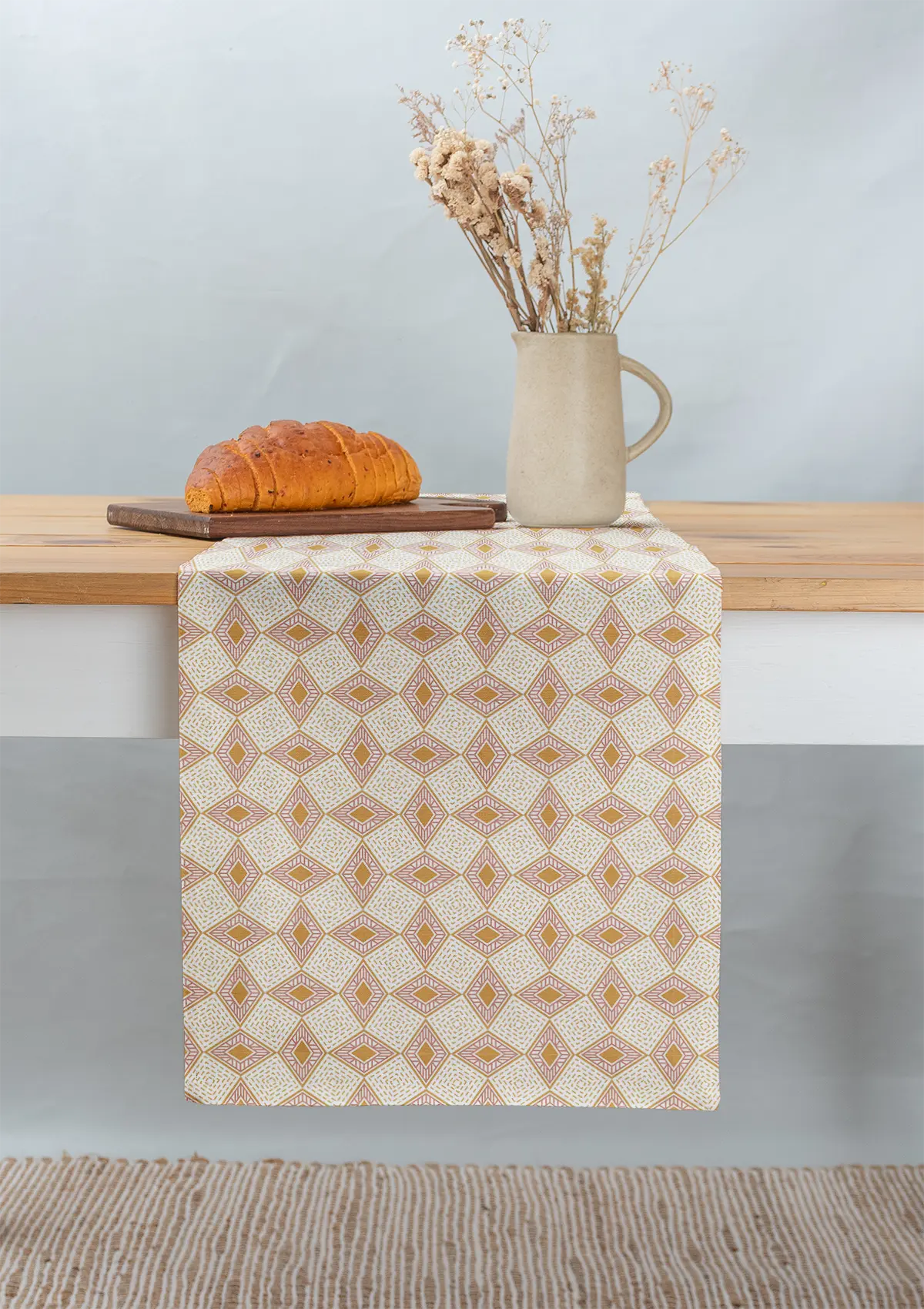 Terrazo 100% cotton geometric table runner for 4 seater or 6 seater dining - Pink