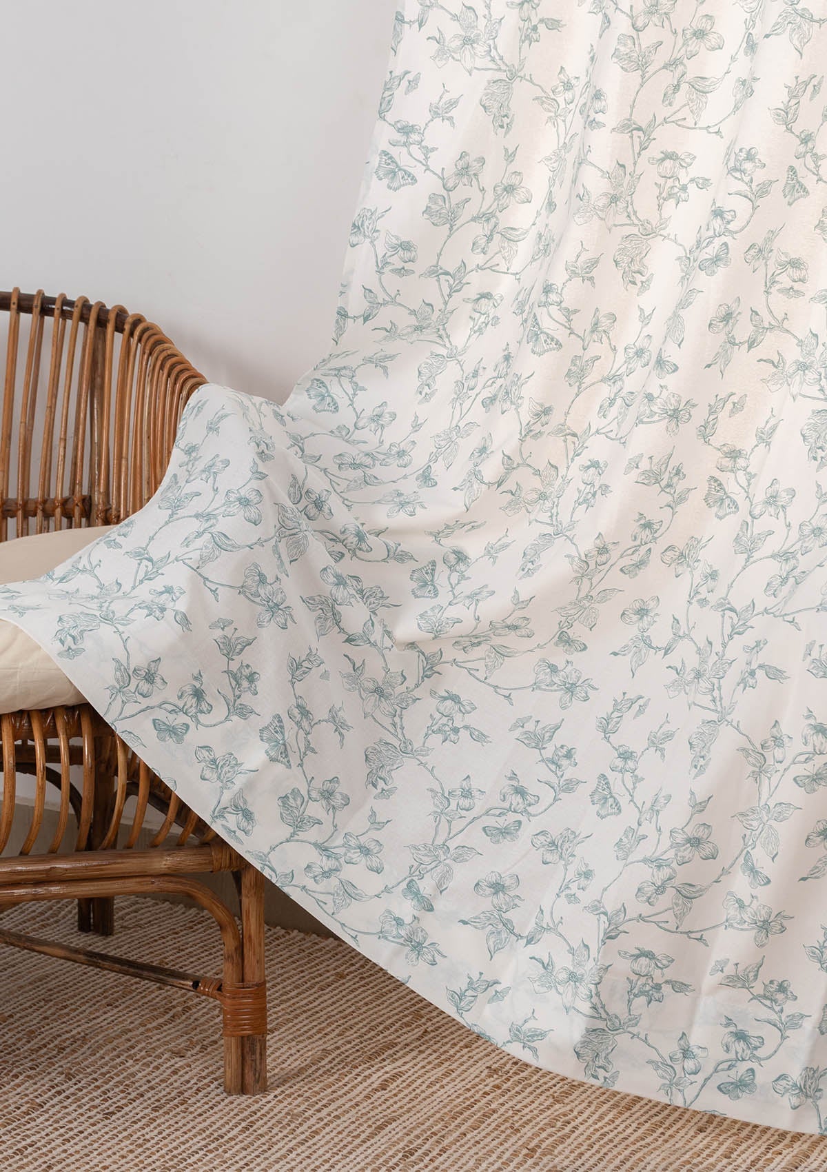 Willow 100% cotton floral curtain for living room - Light Reduction - Nile Blue - Single Piece