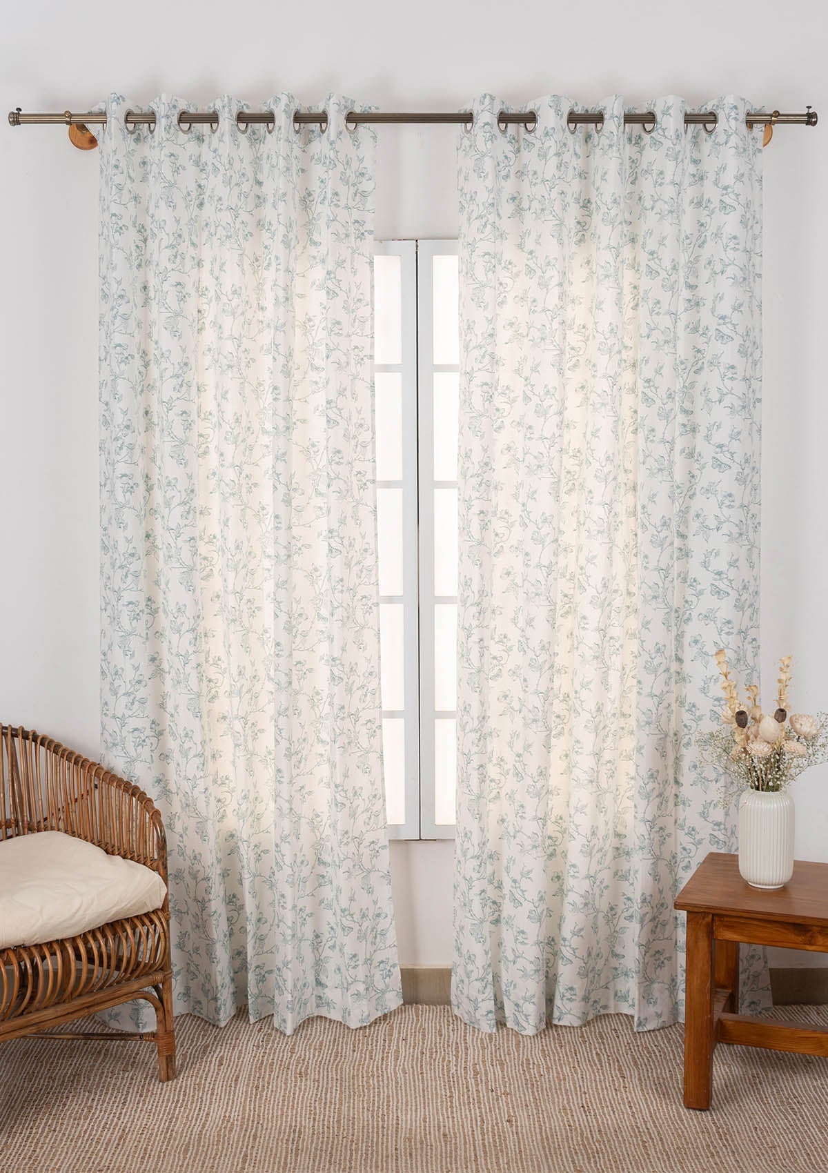 Willow 100% cotton floral curtain for living room - Light Reduction - Nile Blue - Single Piece