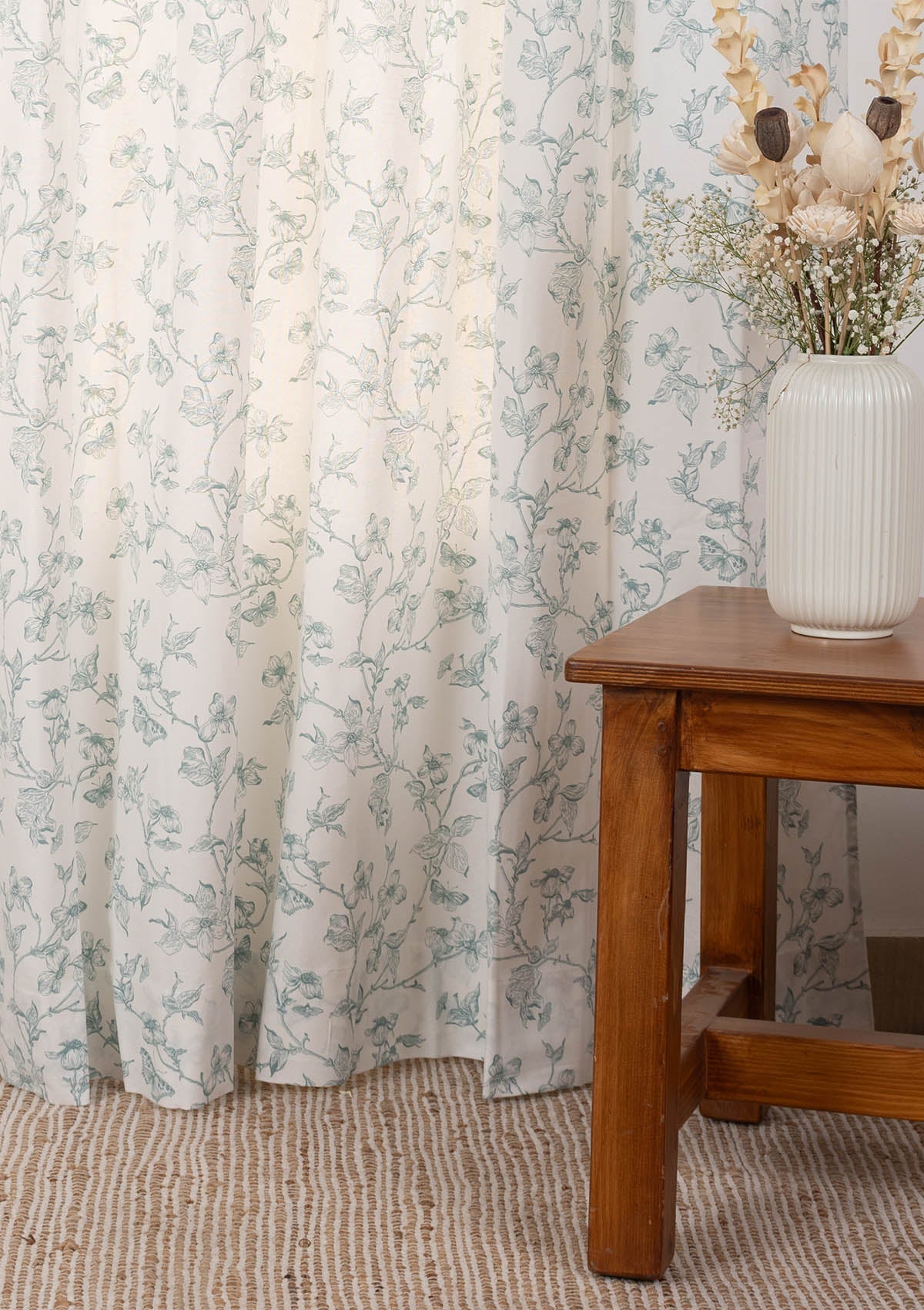 Willow 100% cotton floral curtain for living room - Light Reduction - Nile Blue - Single Piece