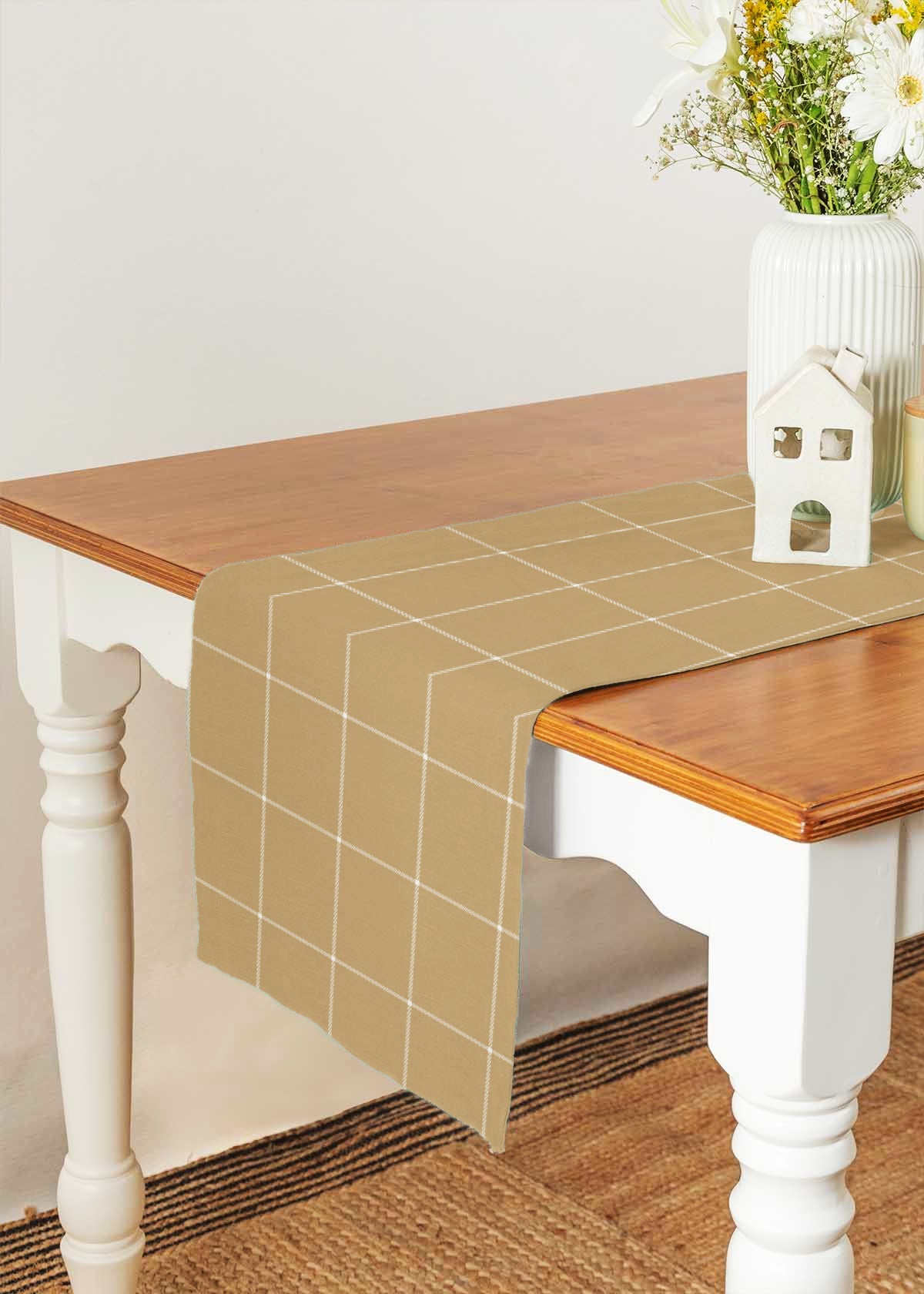 Cabin checks 100% cotton customisable geometric table Runner for dining - beige