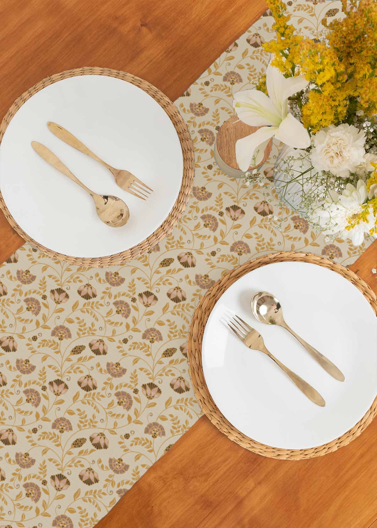 Calico 100% cotton customisable floral table Runner for dining - Amber