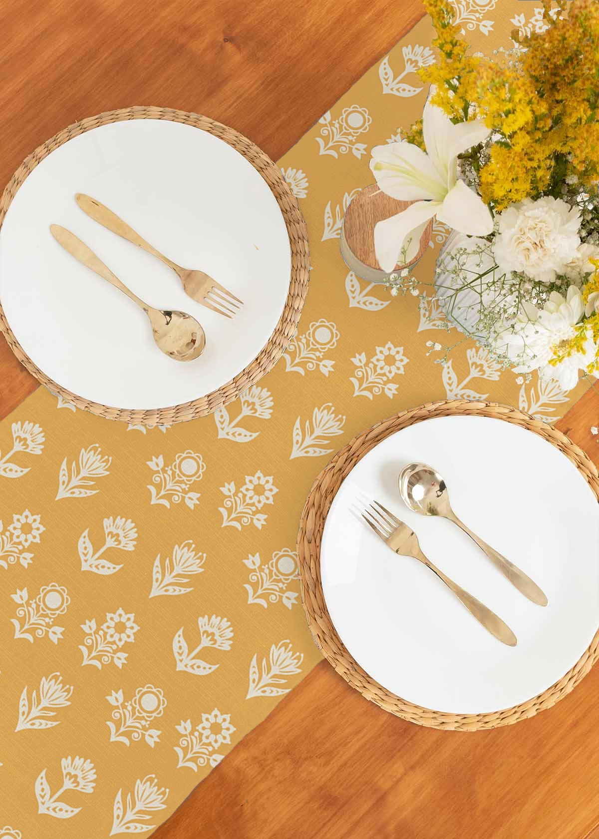 Dahlia 100% cotton customisable floral table Runner for dining - Mustard