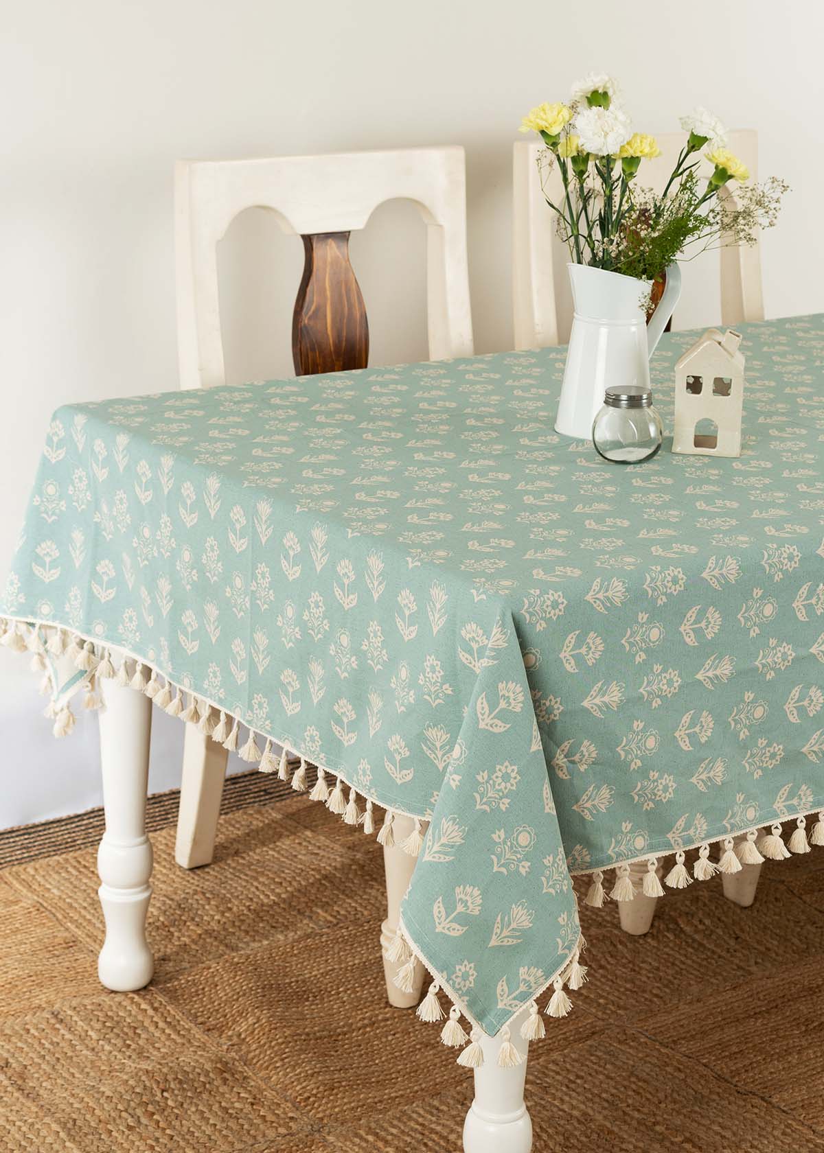 Dahlia 100% cotton customisable floral table cloth for dining - Nile Blue