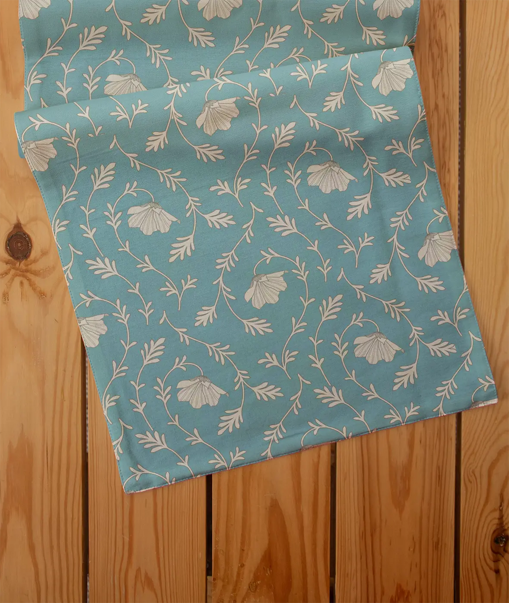 Eden aqua blue 100% cotton floral table runner for 4 seater or 6 seater dining with lace border
