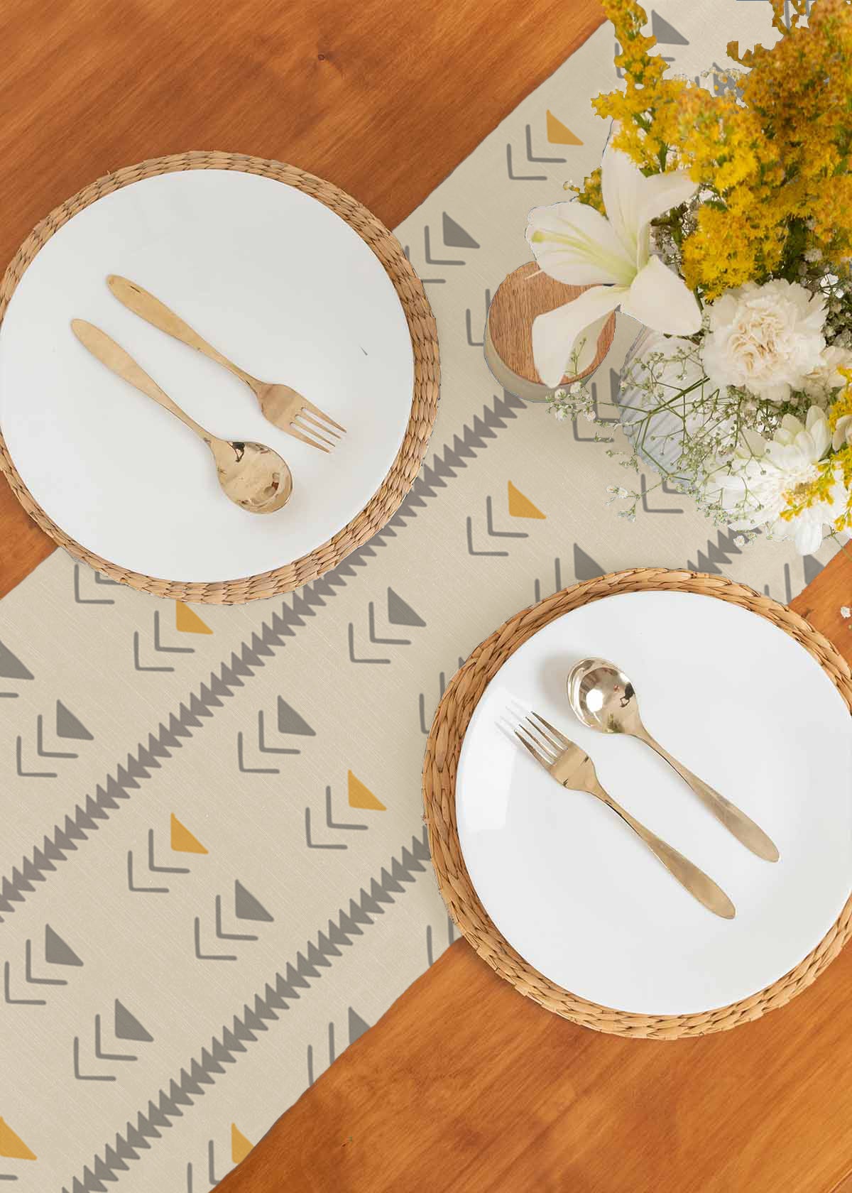 Mudline 100% cotton customisable geometric table Runner for dining - Mustard