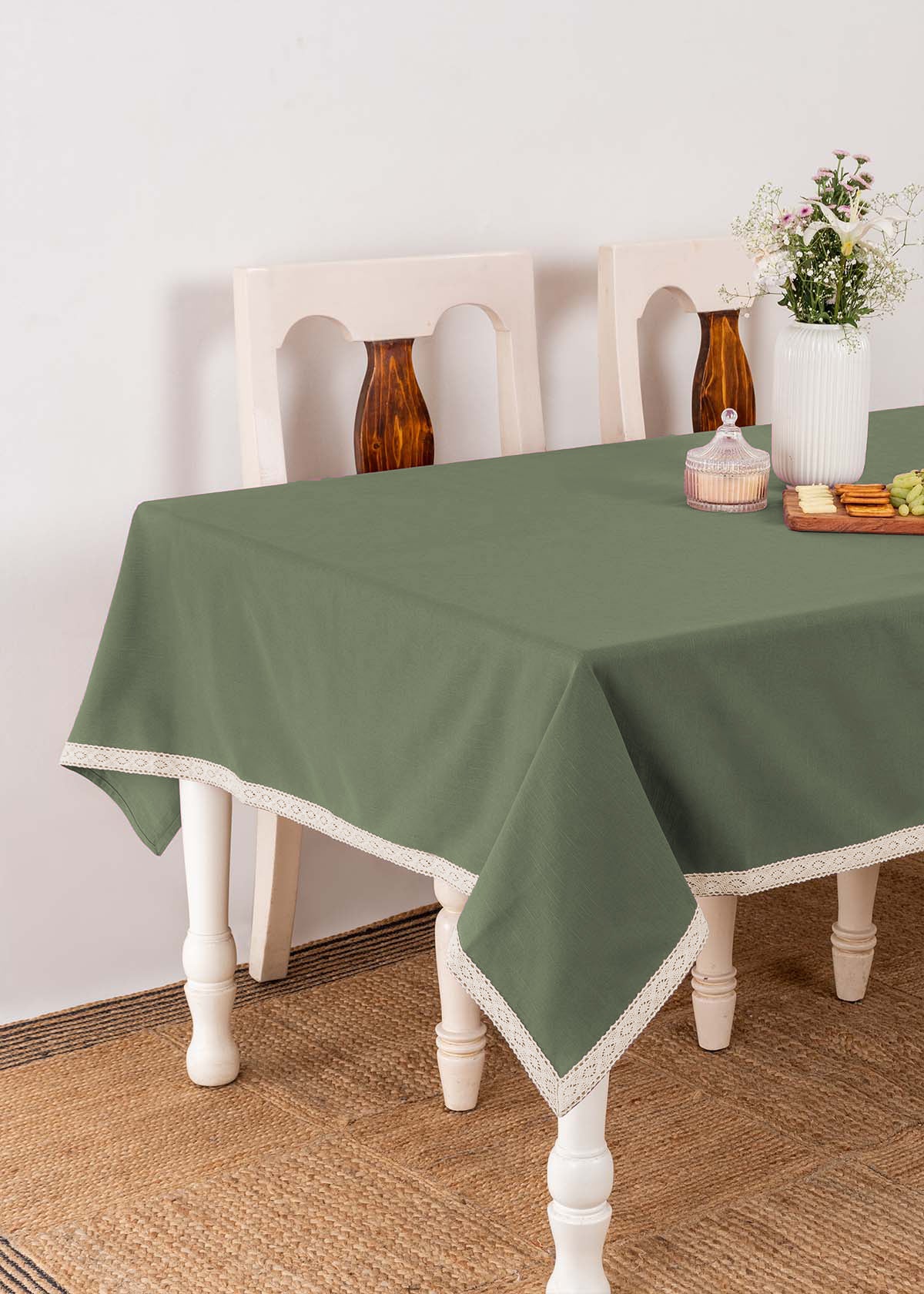 Solid colors with lace border 100% cotton table cloth for 4 seater, 6 seater, 8 seater dining table