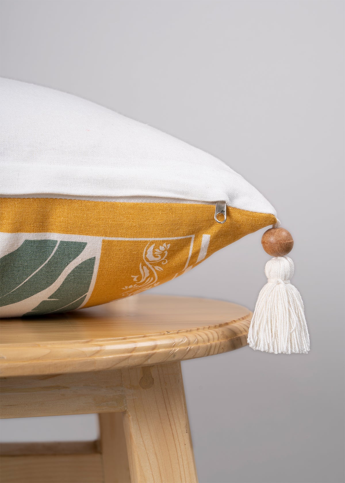 Enchanted Taj 100% cotton decorative ethnic cushion cover for sofa with tassels - Yellow