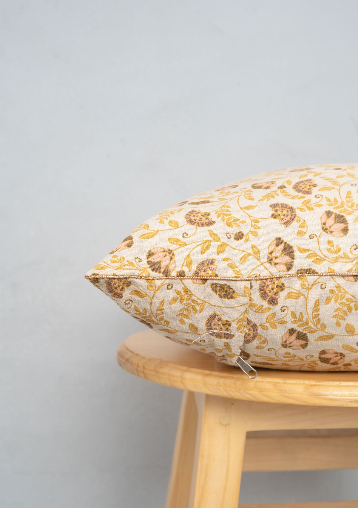 Calico Printed 100% cotton floral cushion cover for sofa with gold piping - Multicolor