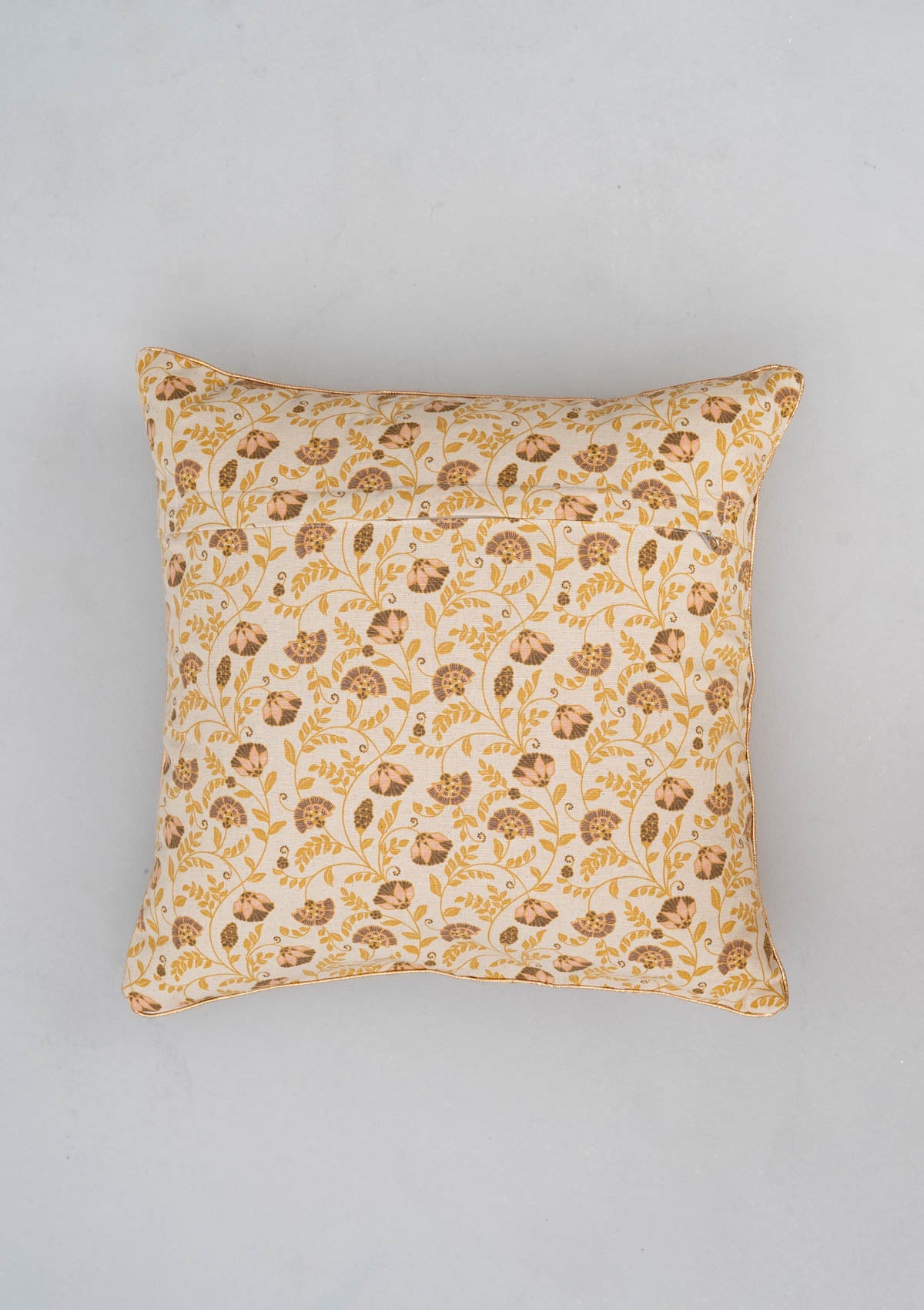 Calico Printed 100% cotton floral cushion cover for sofa with gold piping - Multicolor