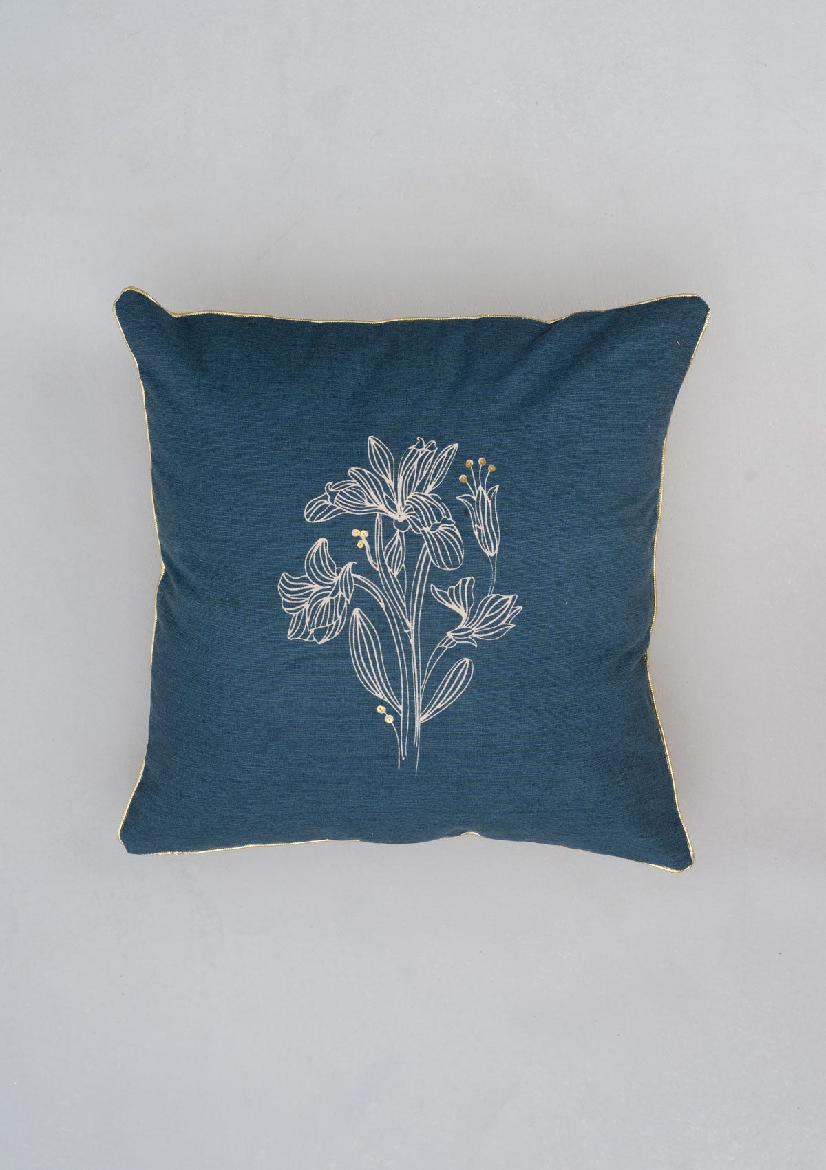 Iris Printed 100% cotton floral cushion cover for sofa with sequence- Night Blue