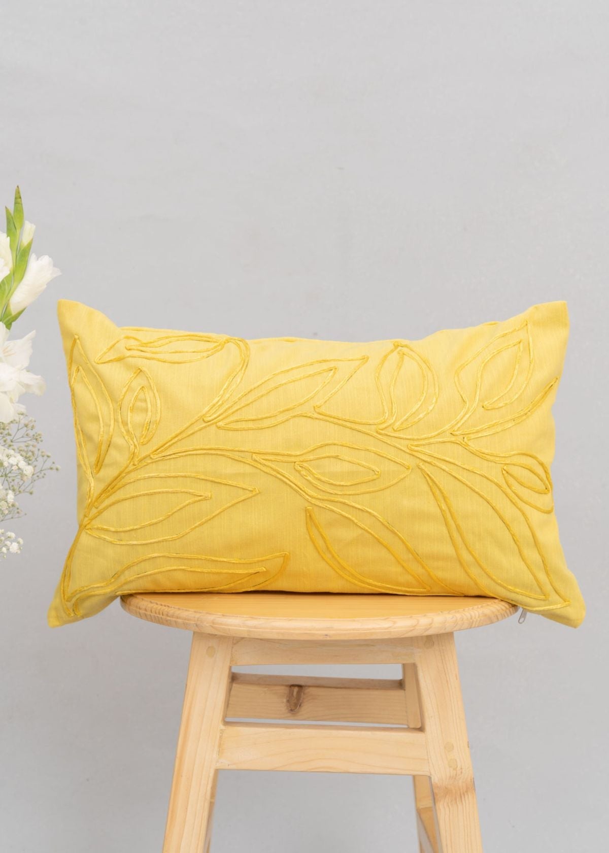 Leafy Affair 100% cotton embroidered cushion cover for sofa - Yellow