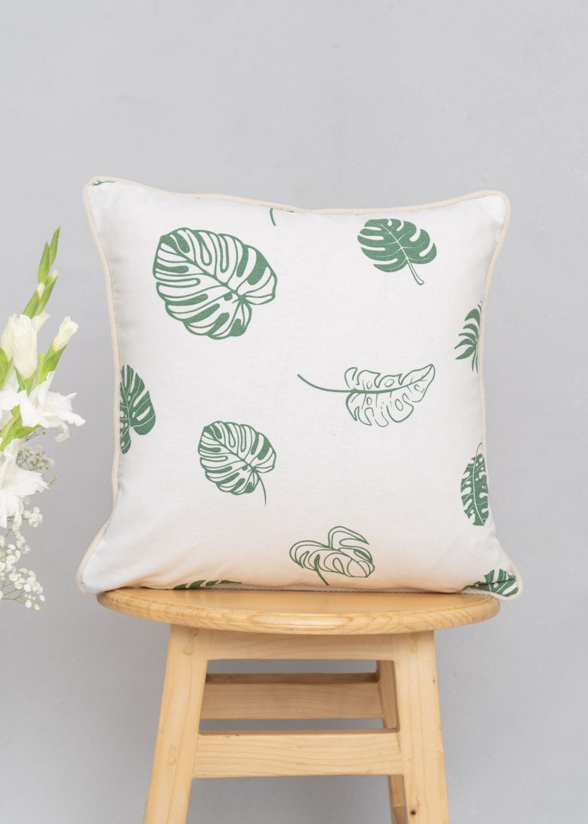 Monstera Printed 100% cotton floral cushion cover for sofa - Green