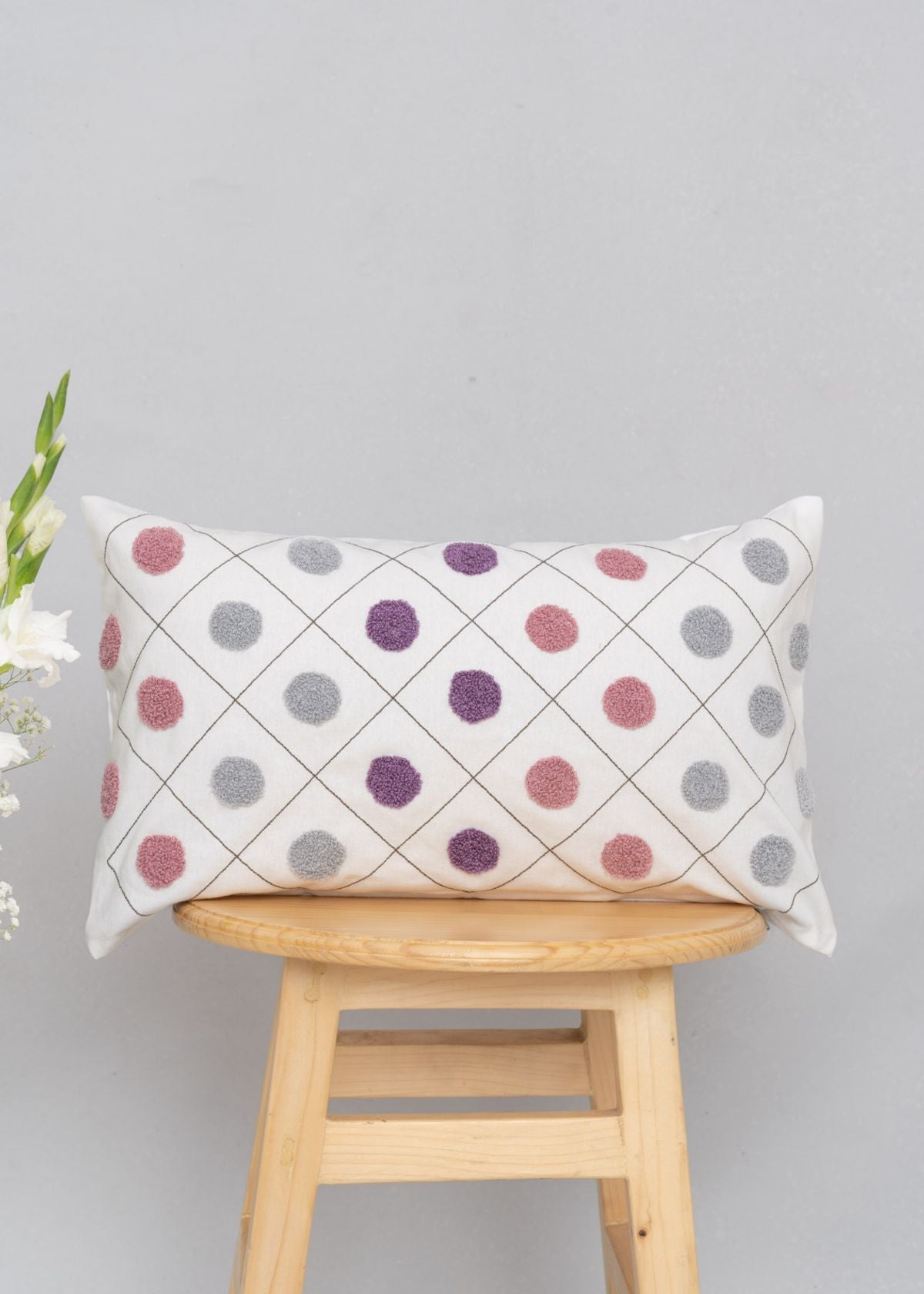 Dainty dots embroidered 100% cotton cushion cover for sofa - Lavender, Yellow - 12x20