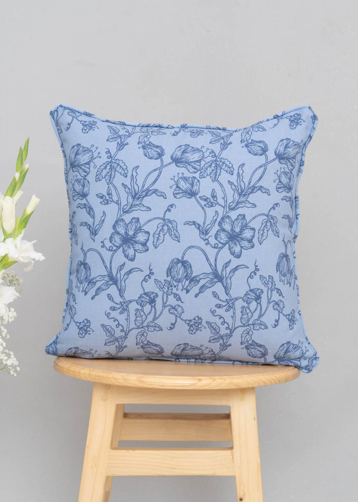 French Farmhouse 100% cotton floral cushion cover for sofa with self piping - Blue