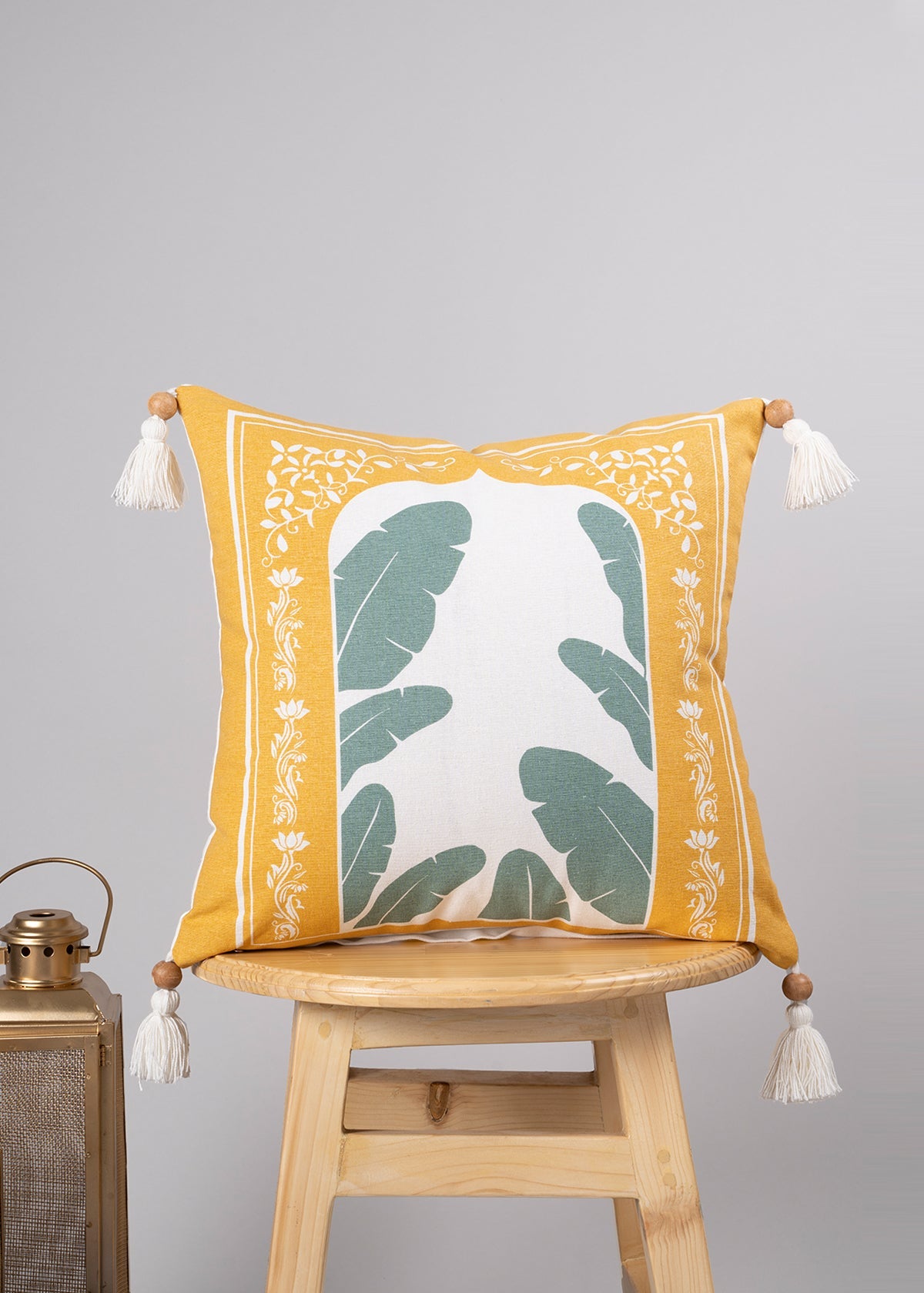 Enchanted Taj 100% cotton decorative ethnic cushion cover for sofa with tassels - Yellow