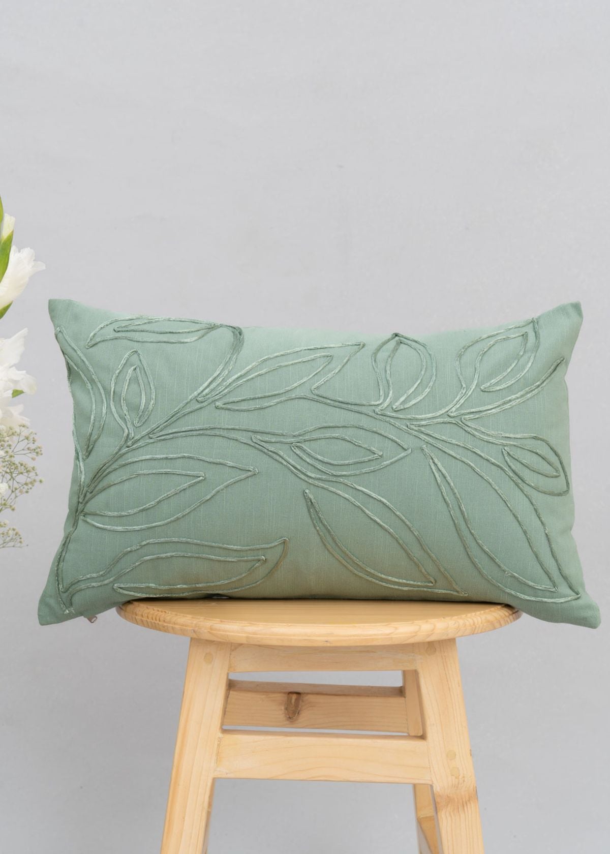 Leafy Affair Embroidered 100% cotton cushion cover for Living Room, Sofa - Green, Yellow