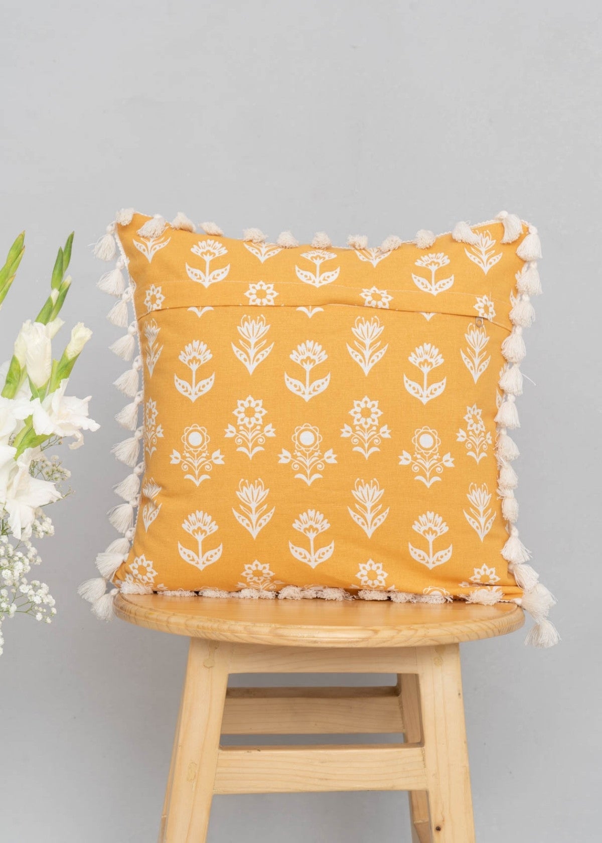 Dahlia Printed 100% cotton floral cushion cover for sofa with tassels - Mustard