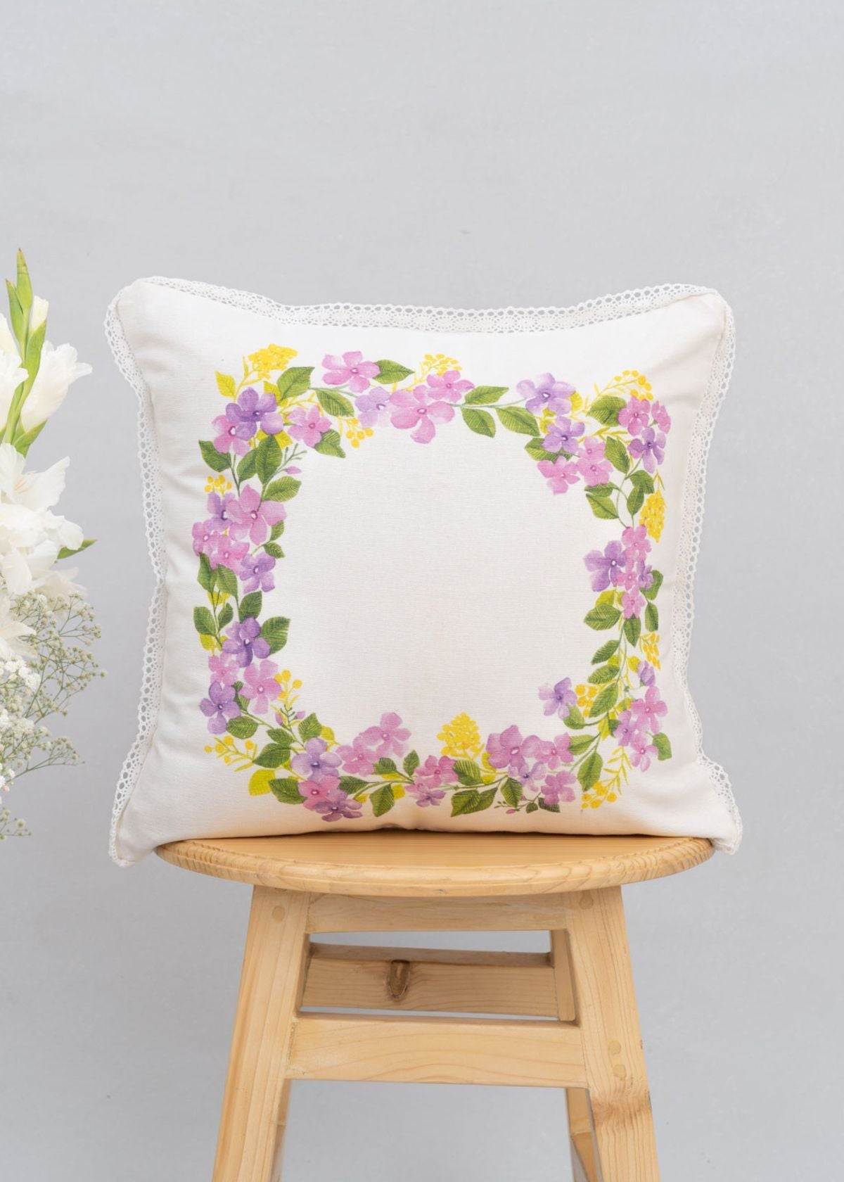 Very Peri floral digial print with lace 100% cotton cushion cover for sofa - Lavender