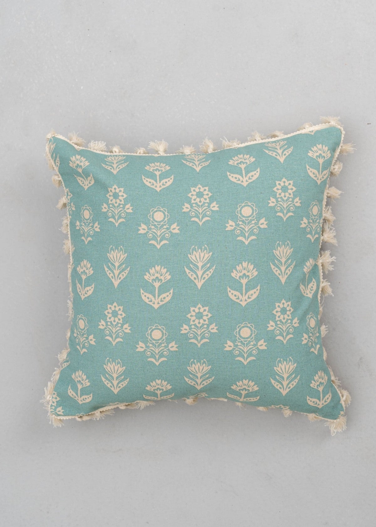 Dahlia floral prints 100% cotton Cushion cover for sofa with tassels - Mustard, Nile Blue, Rust