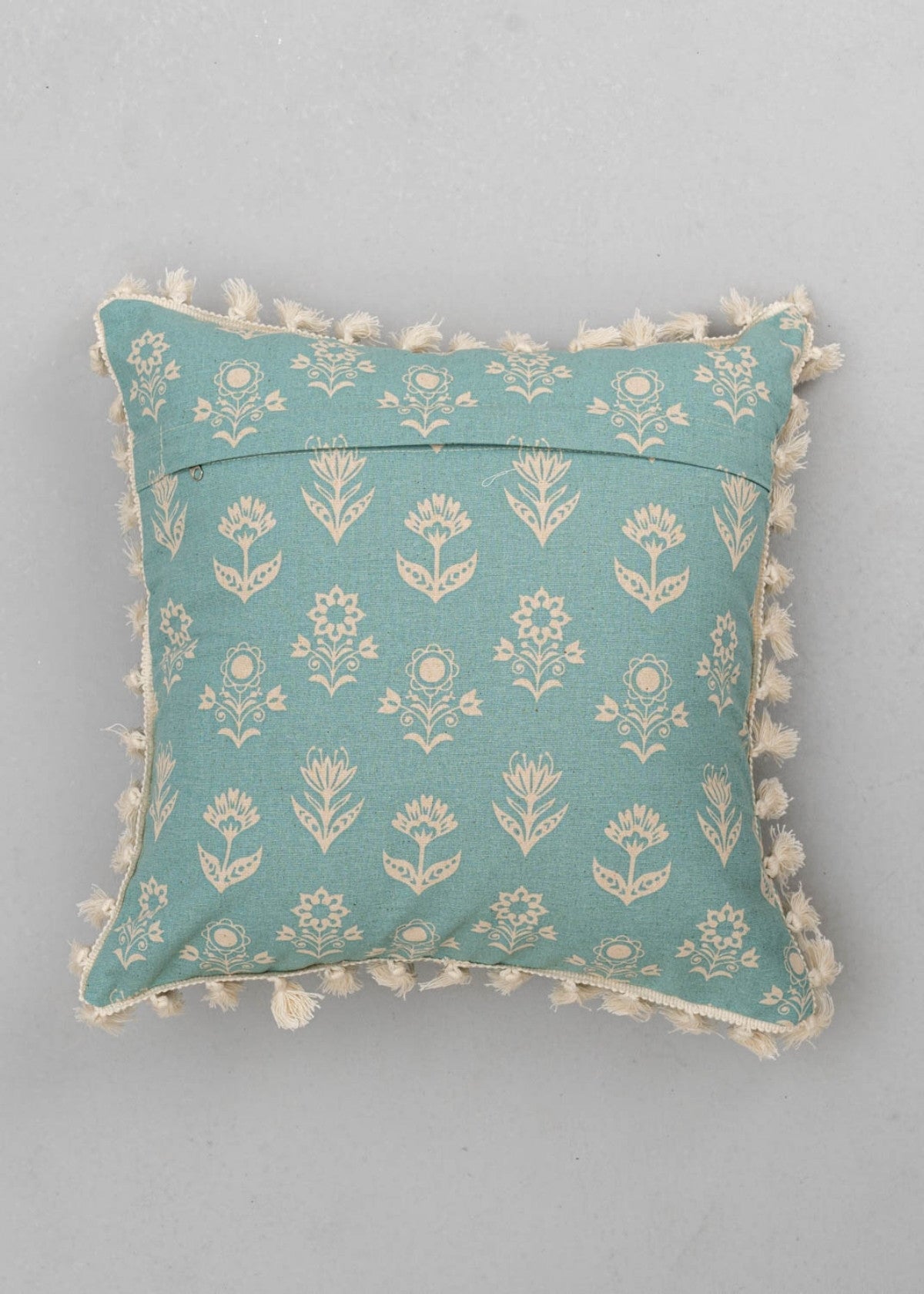 Dahlia Printed 100% cotton floral cushion cover for sofa with tassels - Nile Blue