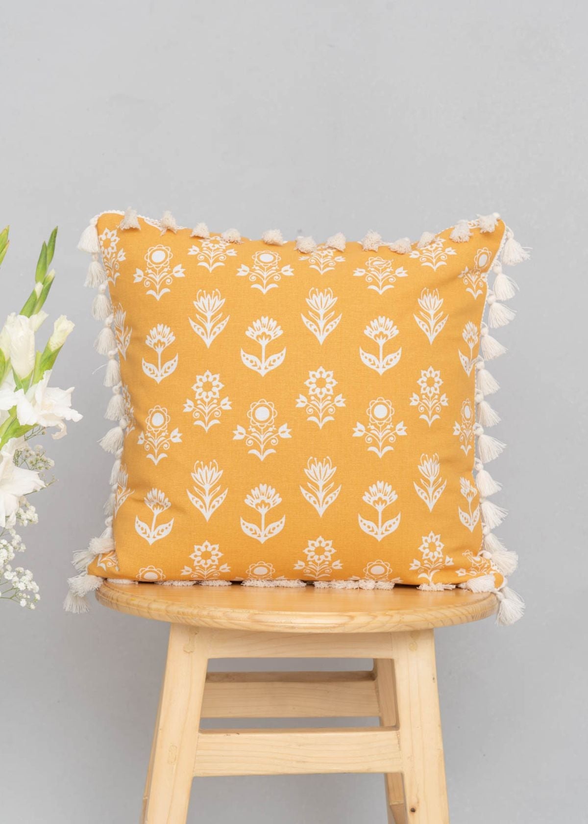 Dahlia floral prints 100% cotton Cushion cover for sofa with tassels - Mustard, Nile Blue, Rust