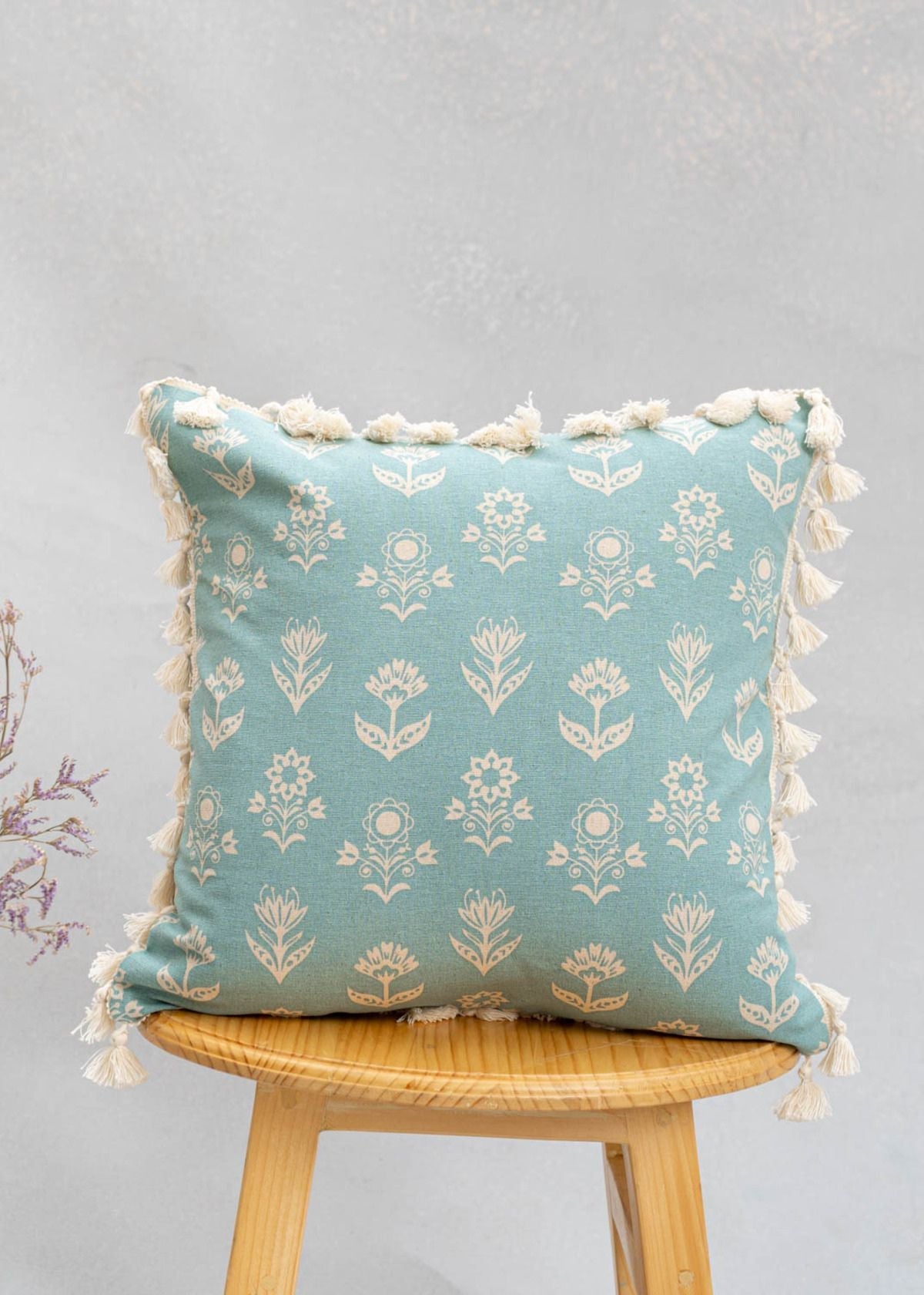 Dahlia floral prints 100% cotton Cushion cover for sofa with tassels - Mustard, Nile Blue, Rust