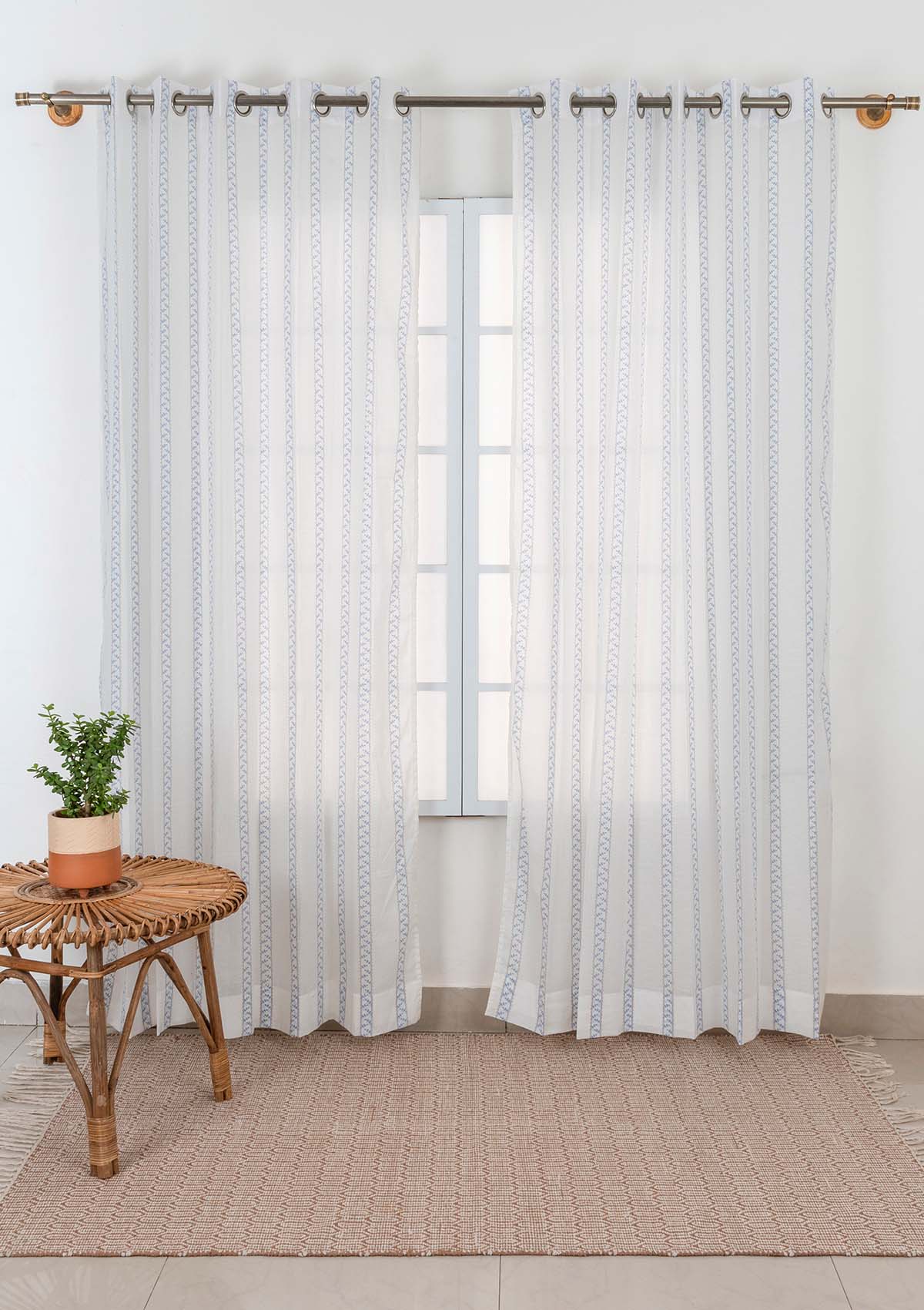 Oriental Stripes Geometric printed 100% Cotton Sheer curtain for Living room & bedroom - Light filtering - Powder Blue - Single Panel