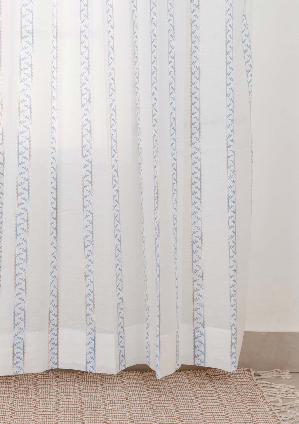 Oriental Stripes Geometric printed 100% Cotton Sheer curtain for Living room & bedroom - Light filtering - Powder Blue - Single Panel