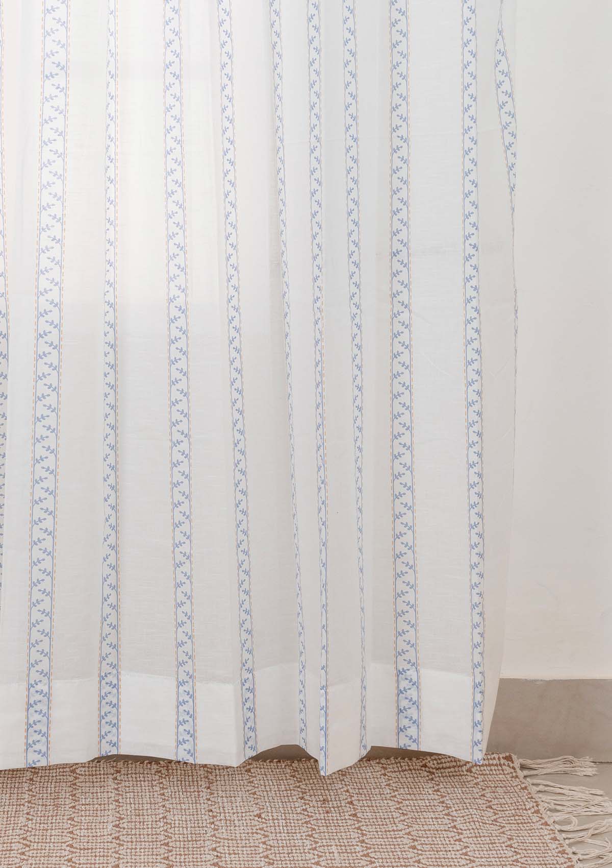 Oriental Stripes Geometric printed 100% Cotton Sheer curtain for Living room & bedroom - Light filtering - Powder Blue - Single Panel